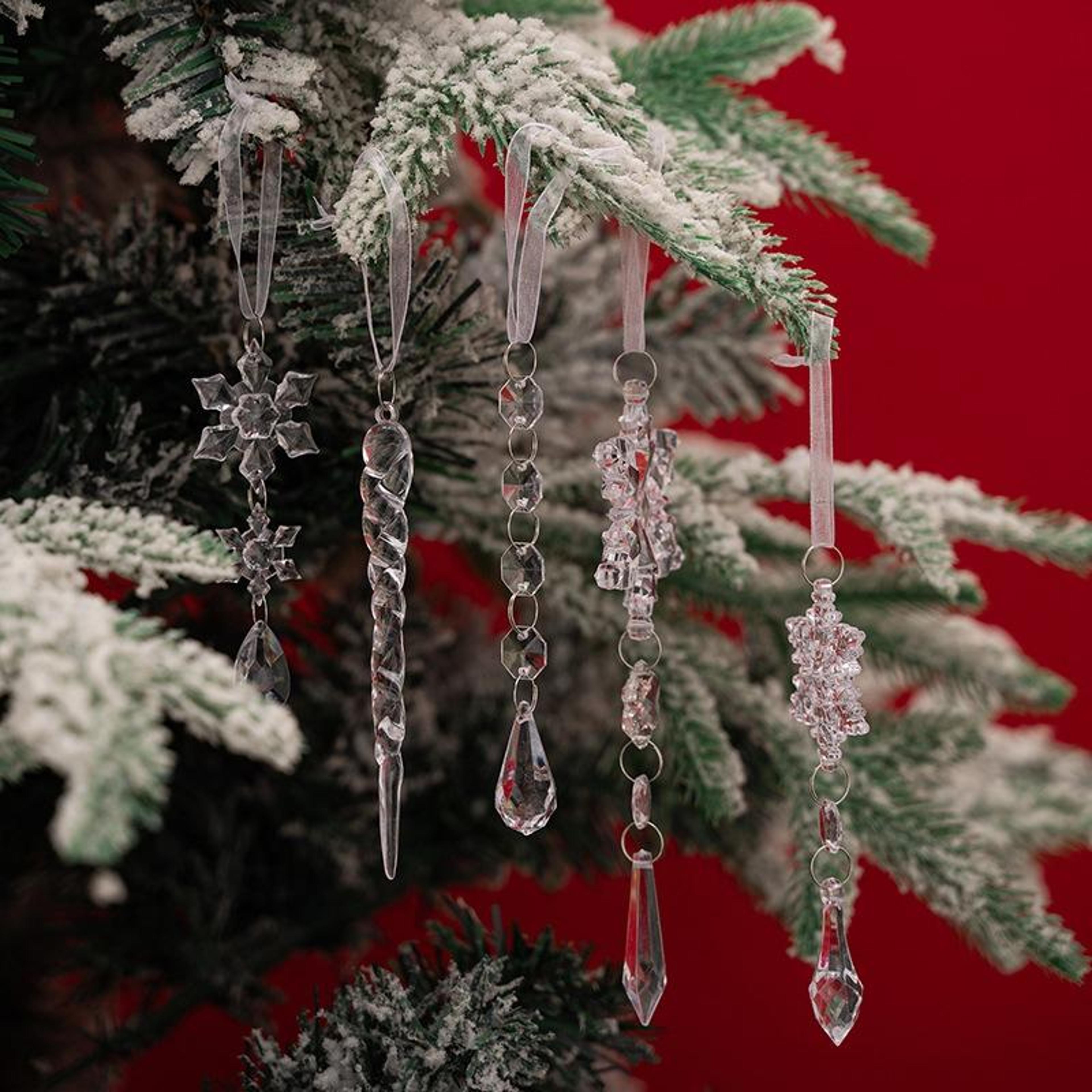 crystal snowflake & icicle christmas tree ornaments set, 5pcs clear acrylic holiday hanging decor