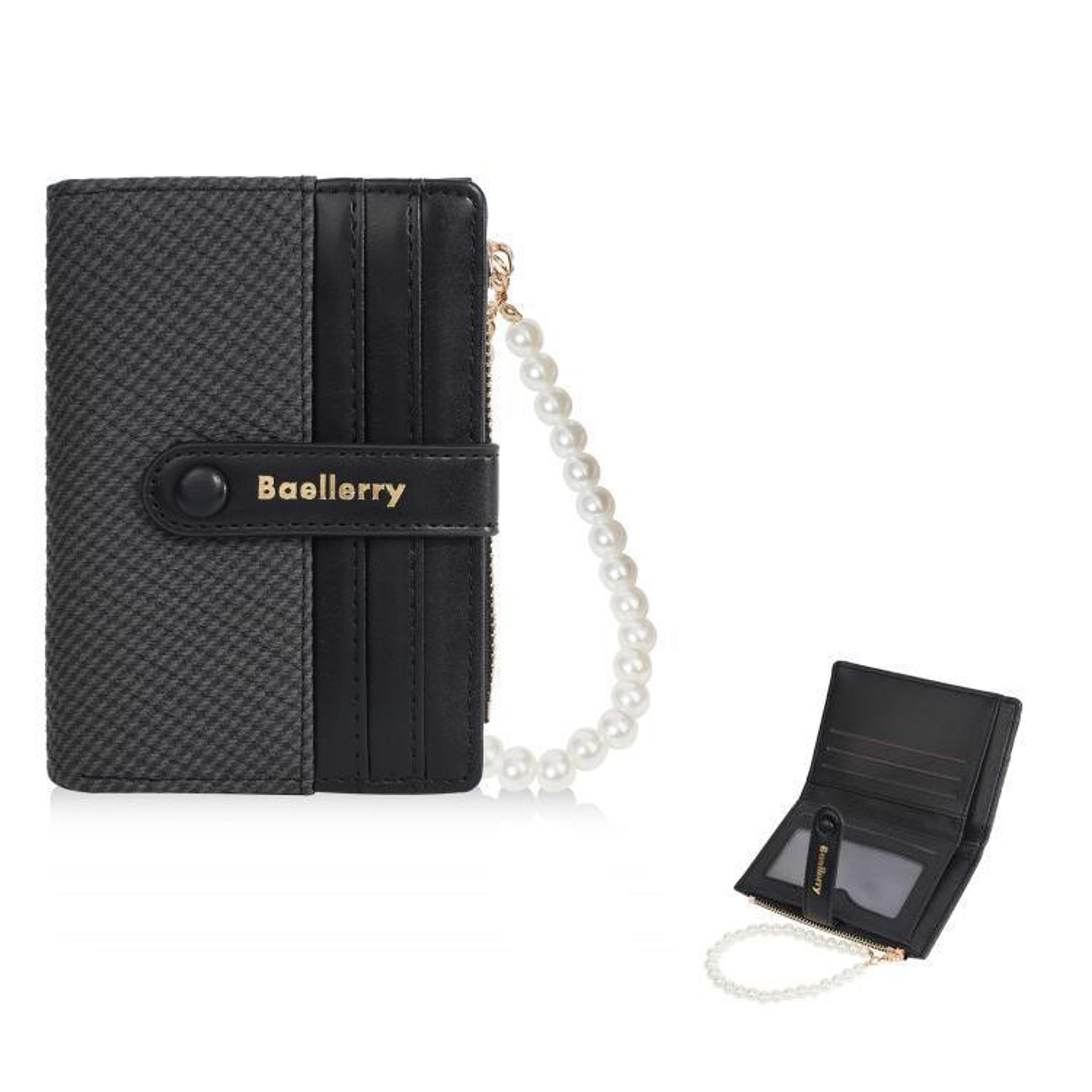 pearl chain women slim wallet & compact card holder with zipper coin pouch