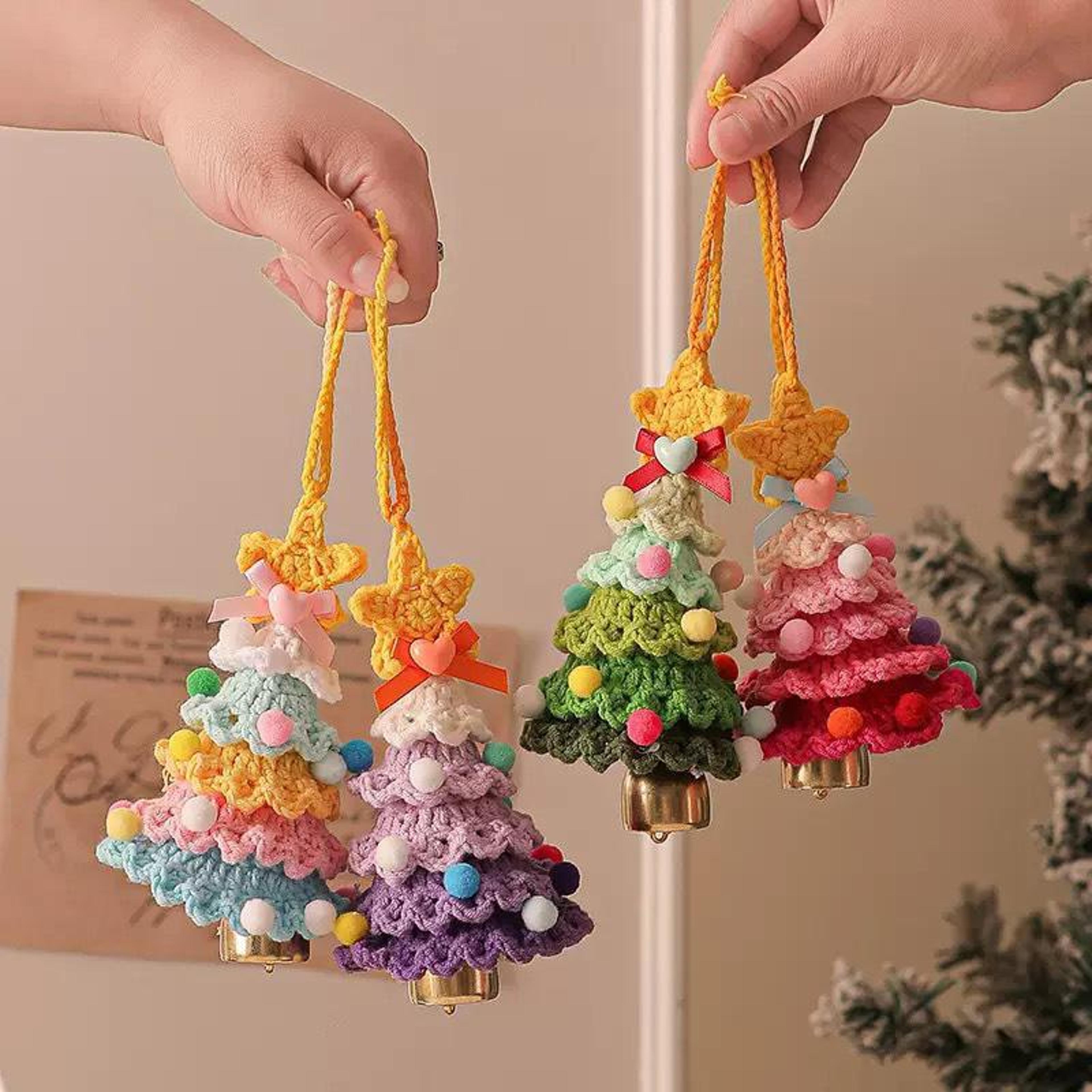 hand knitted christmas crochet tree ornaments with bells decorative holiday accents