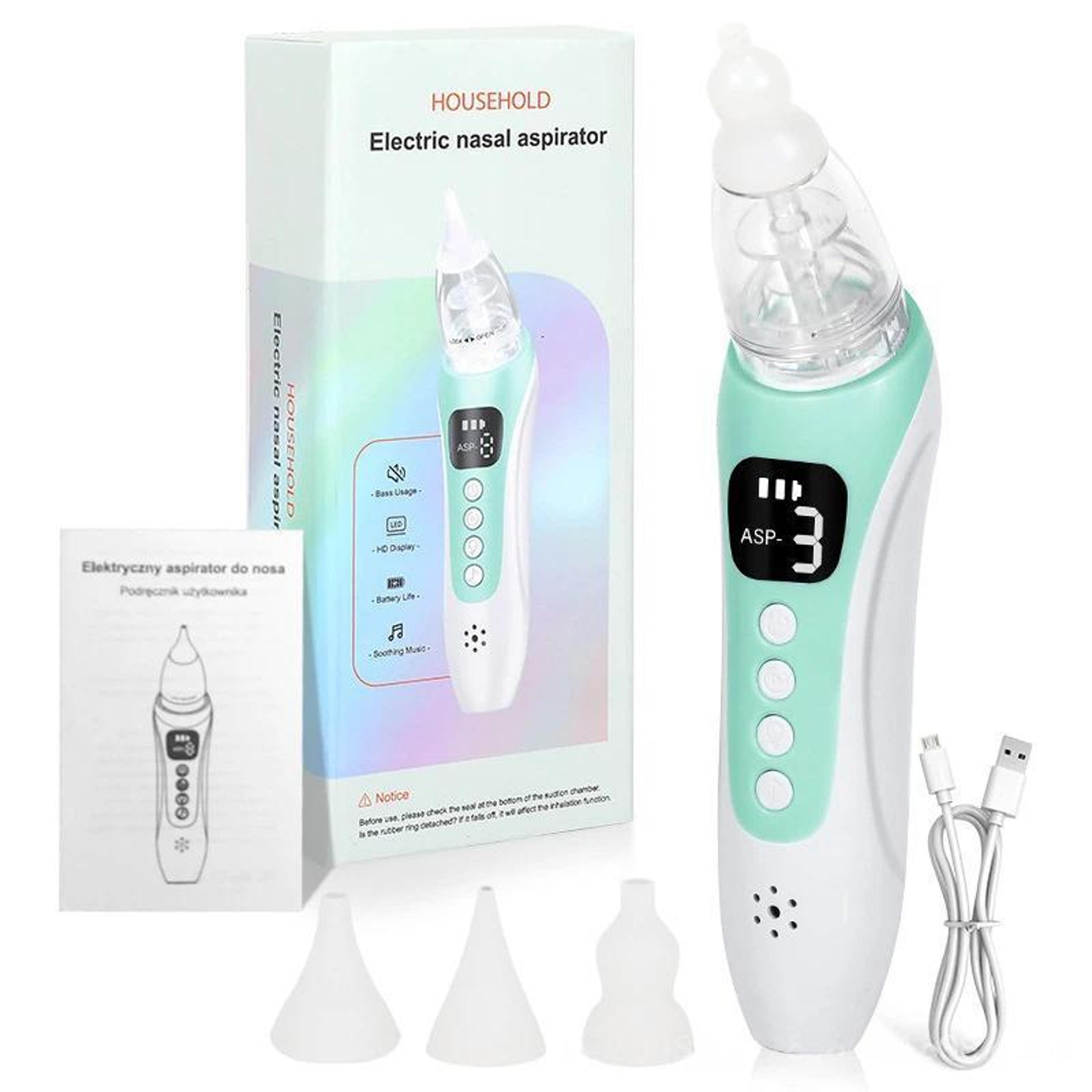 electric baby nasal aspirator with adjustable suction & 3 silicone tips