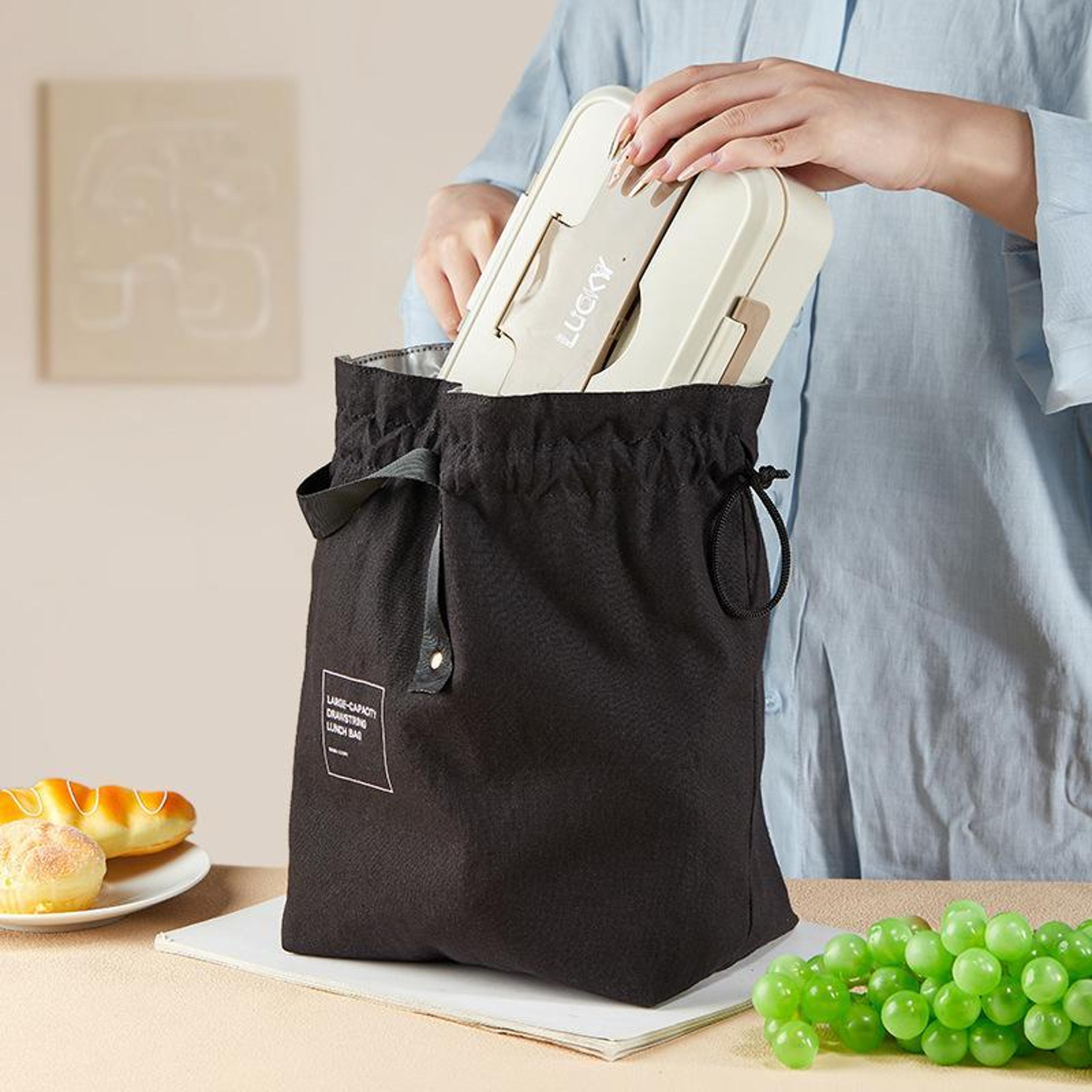 canvas thermal drawstring lunch bag, portable insulated lunch tote