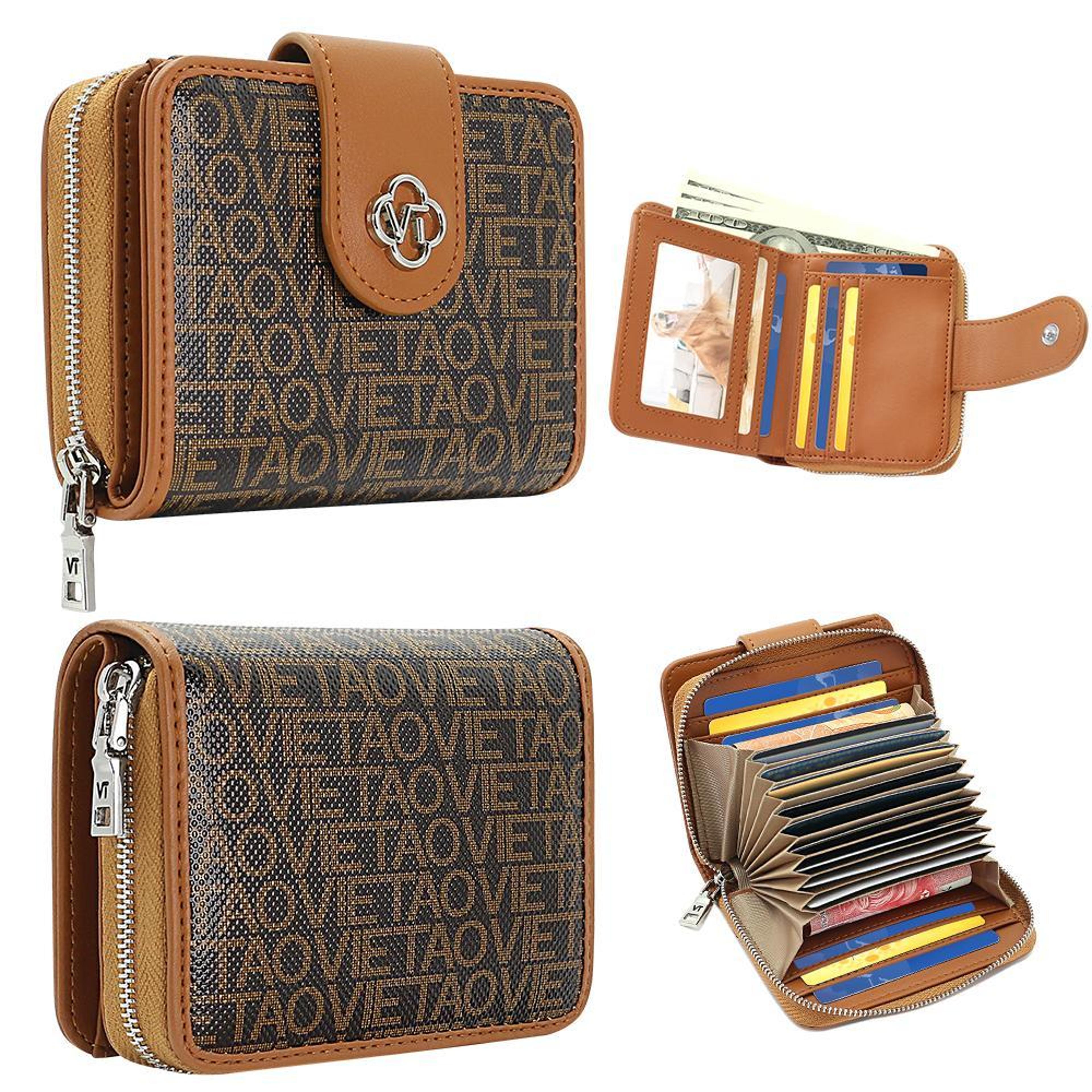 compact accordion pu leather card holder wallet with zipper coin pocket & 19 card slots