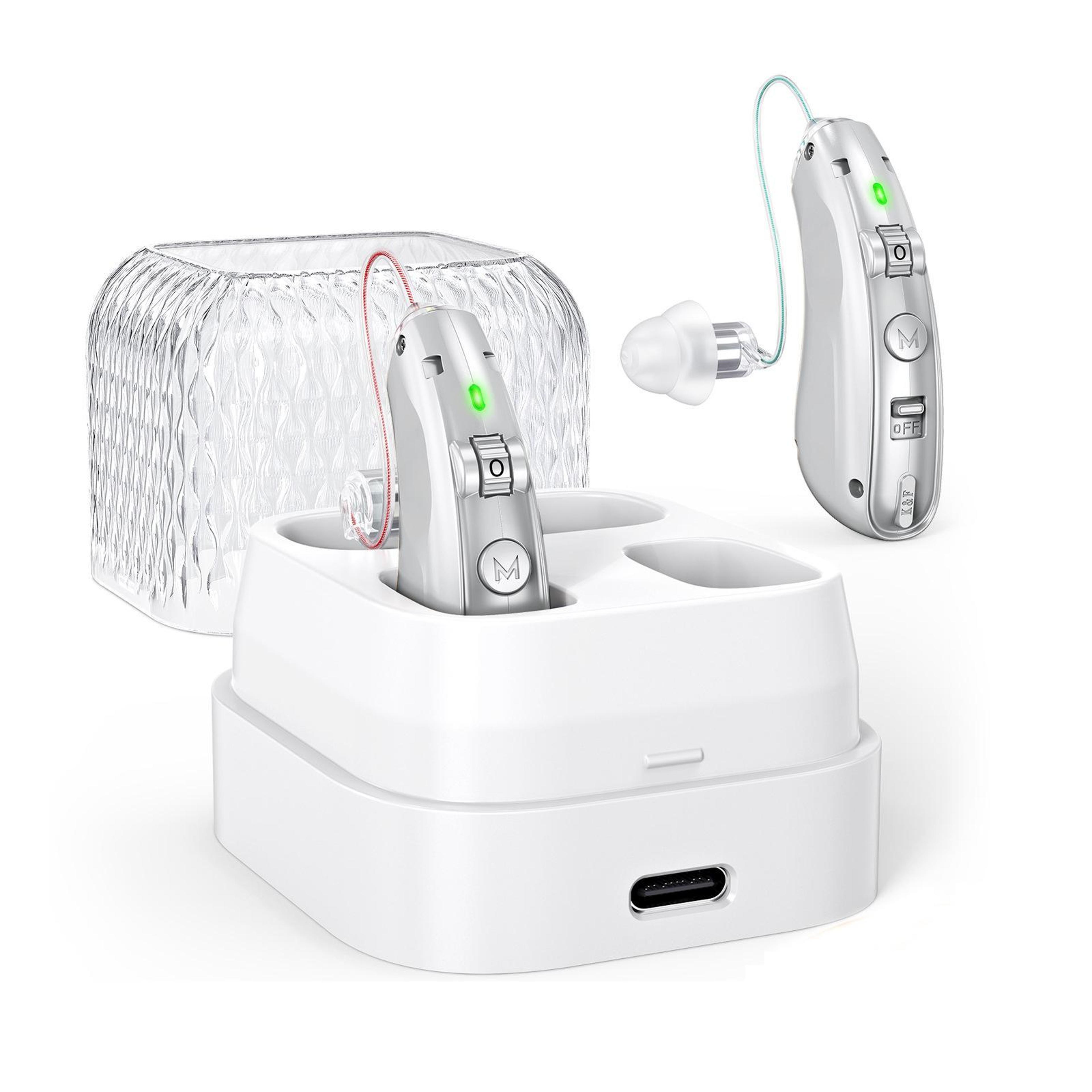 premium rechargeable hearing amplifier with charging case, all day noise reduction hearing enhancement for seniors