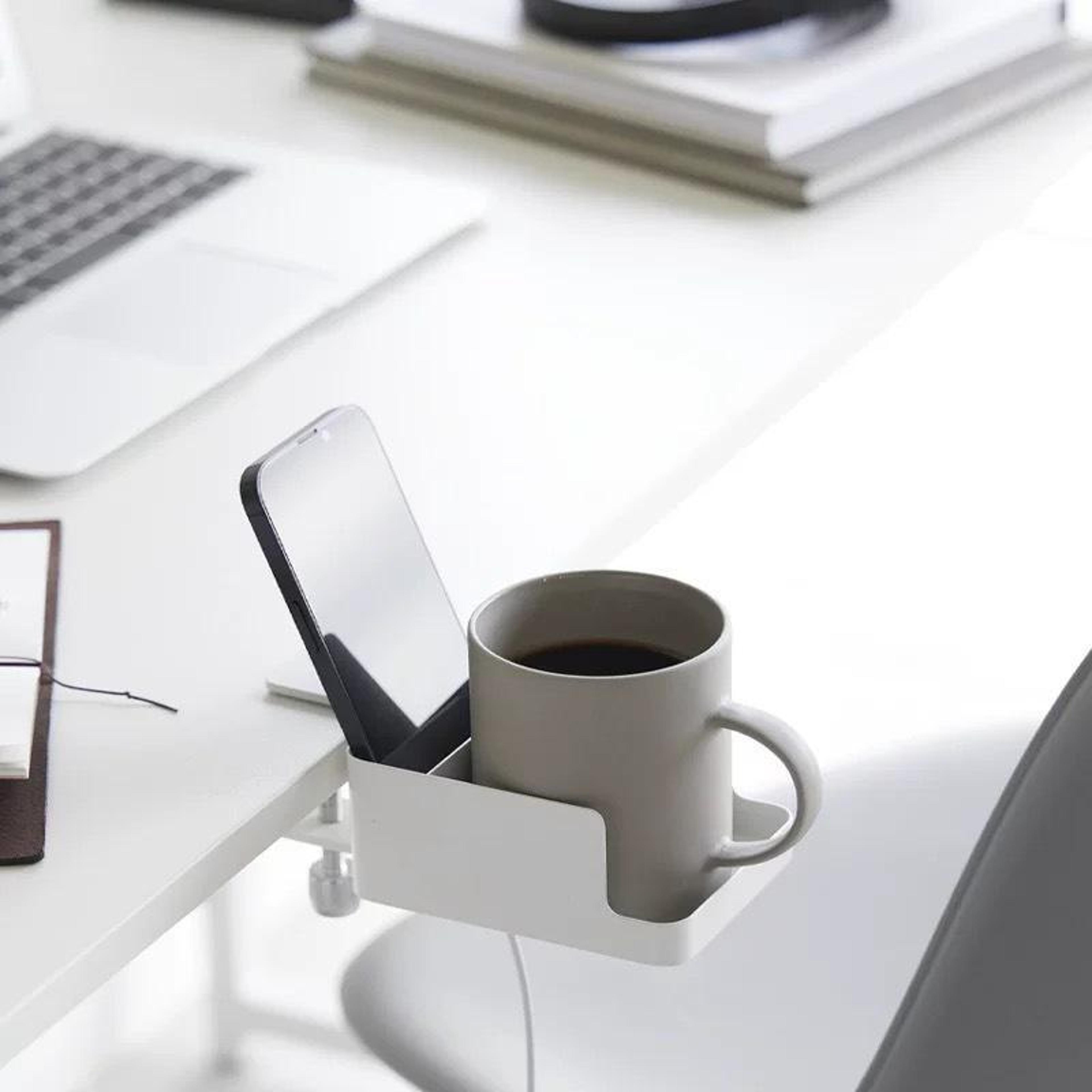clamp on cup holder & phone organizer for desk, chair & countertops