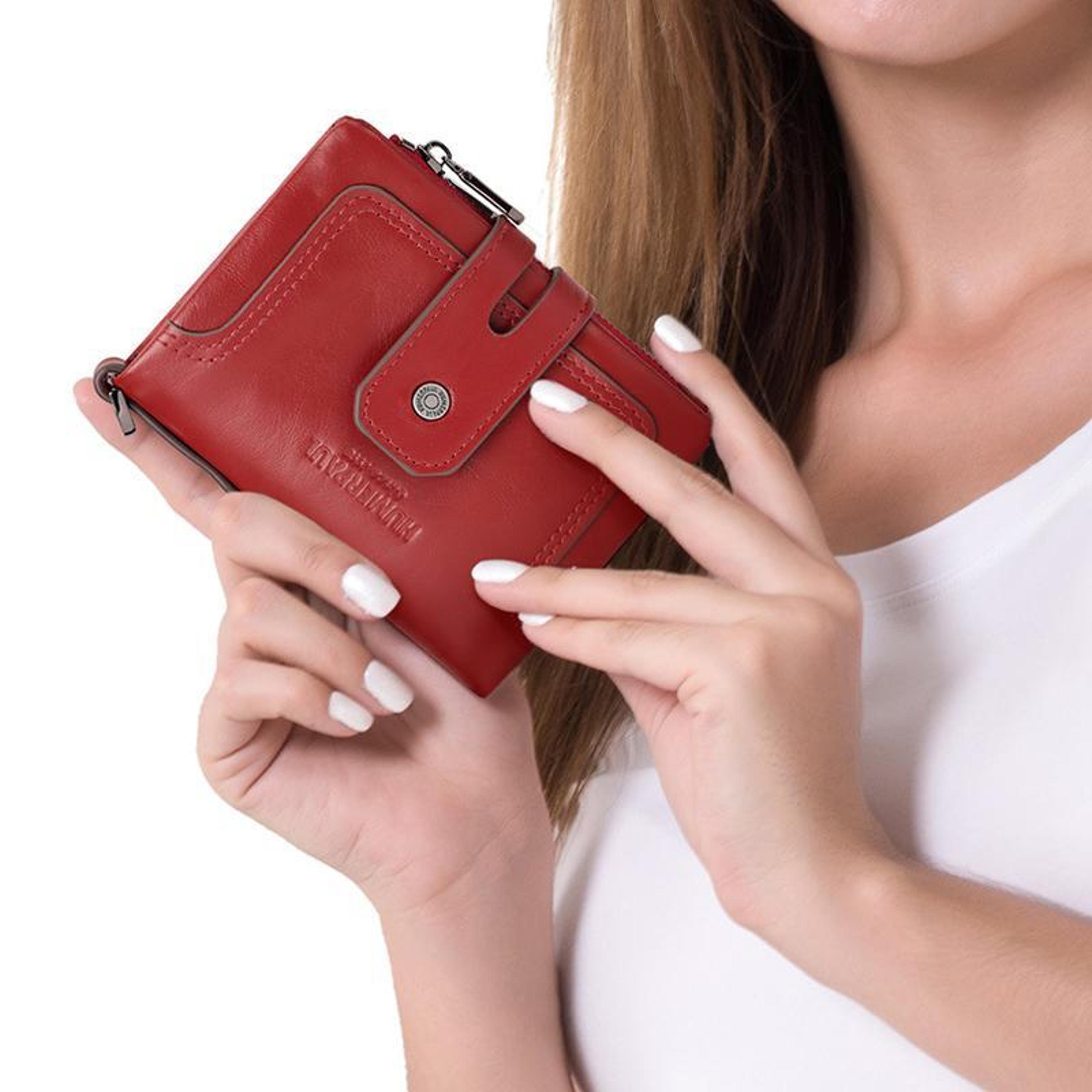 rfid leather tri fold wallet with double zipper coin pocket