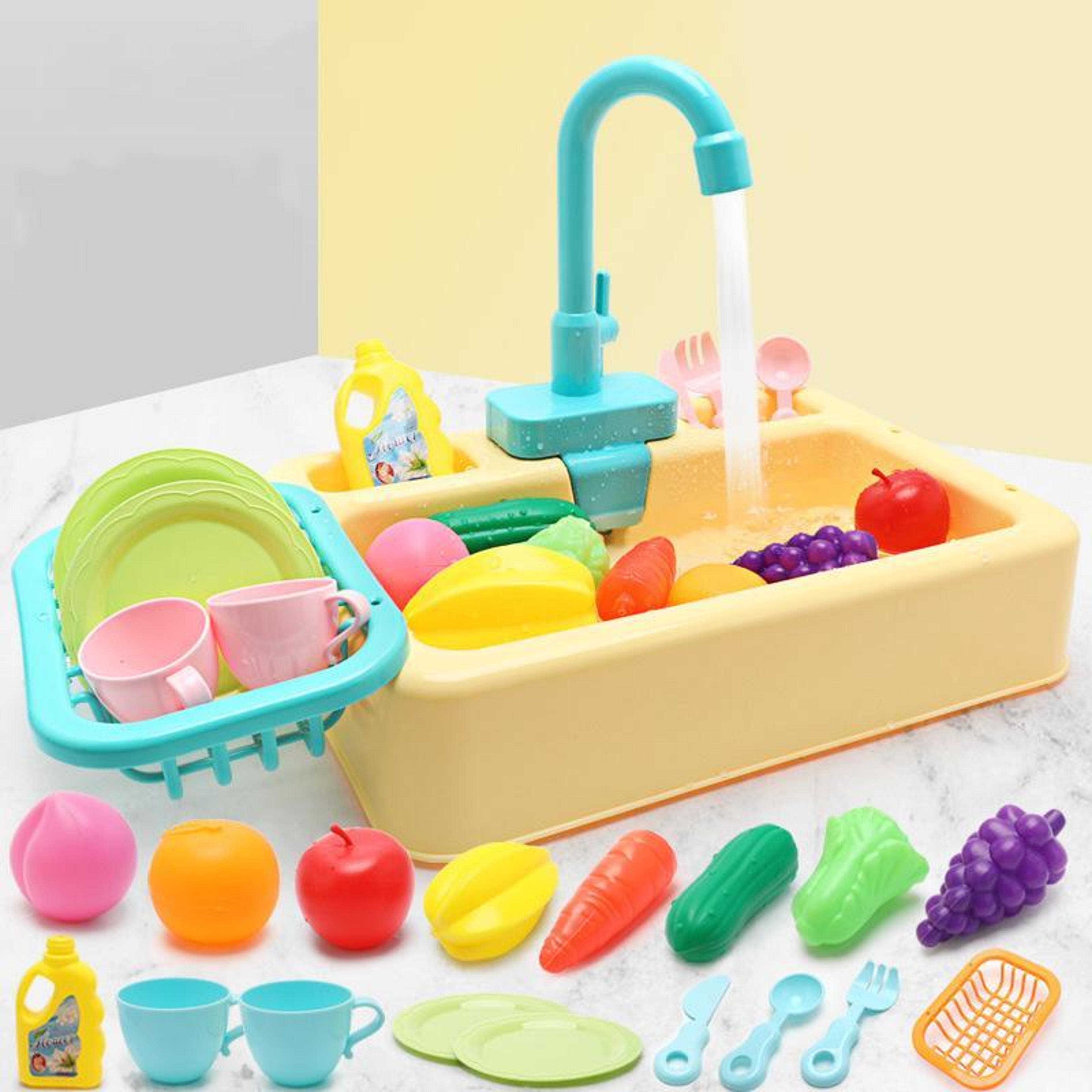interactive kids kitchen sink toy with running water & play dishwasher set