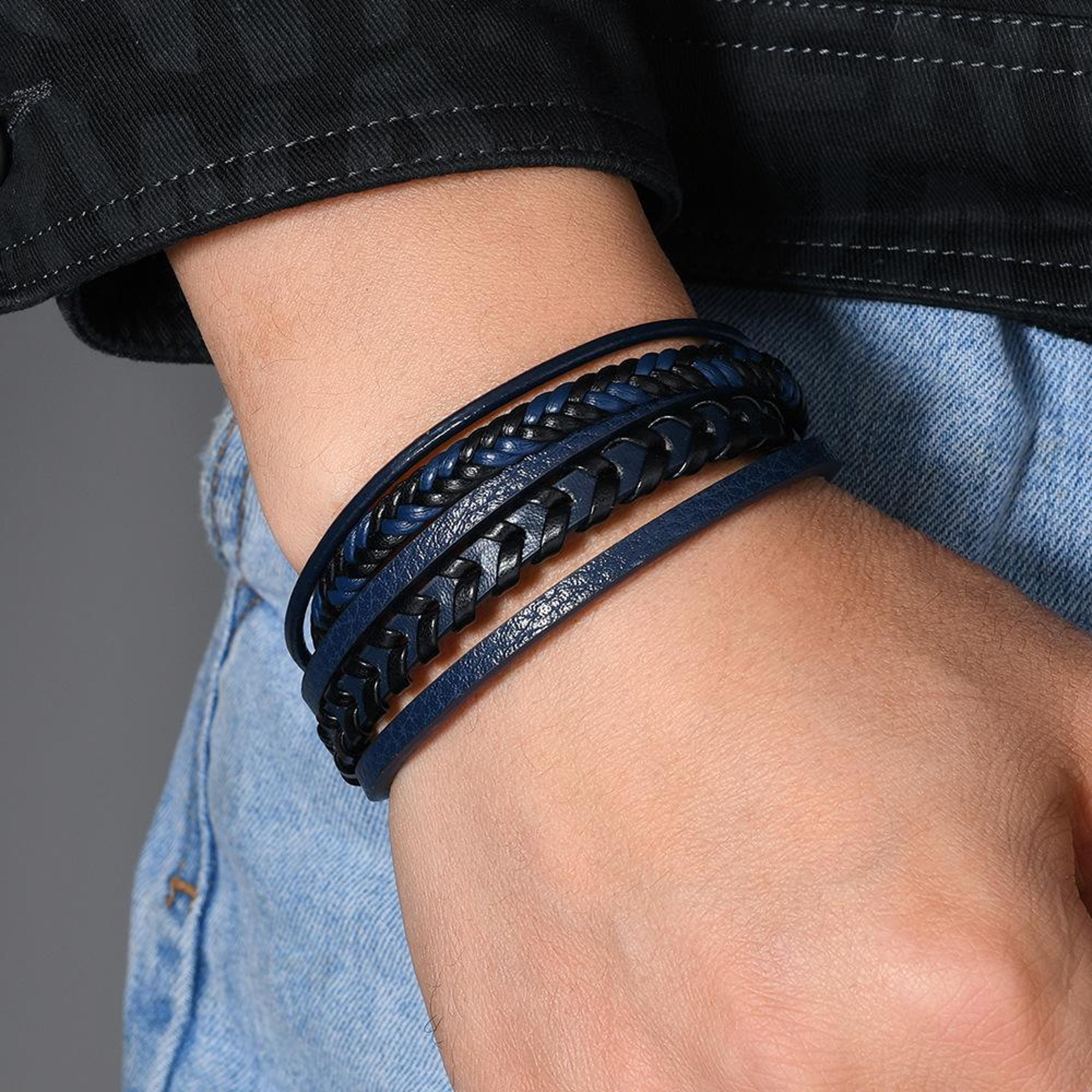 magnetic clasp braided leather bracelet for men, handmade minimalist wristband