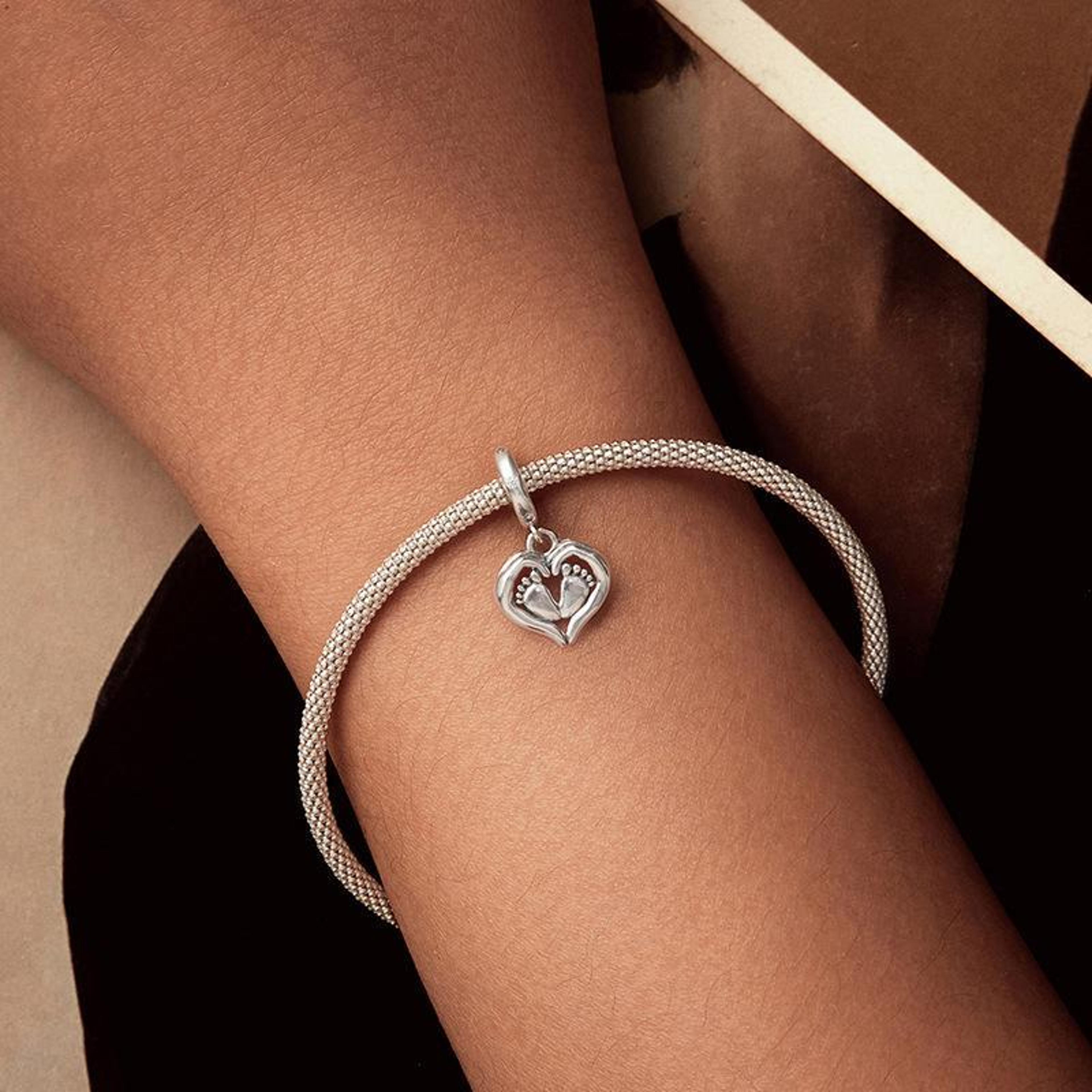 sterling silver mother & baby footprint heart charm bead with zircon accent