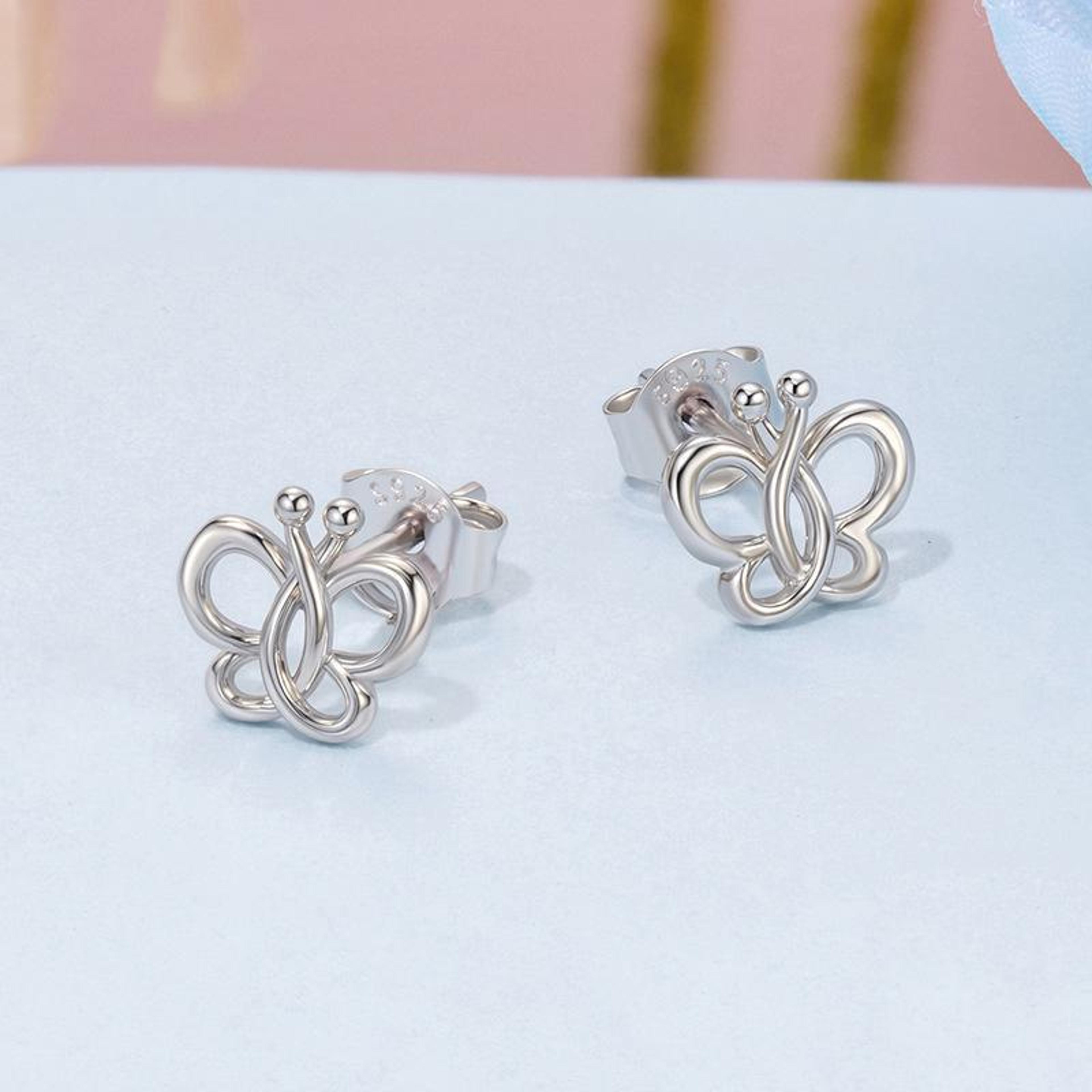 silver butterfly stud earrings for women, sterling silver platinum plated hollow design