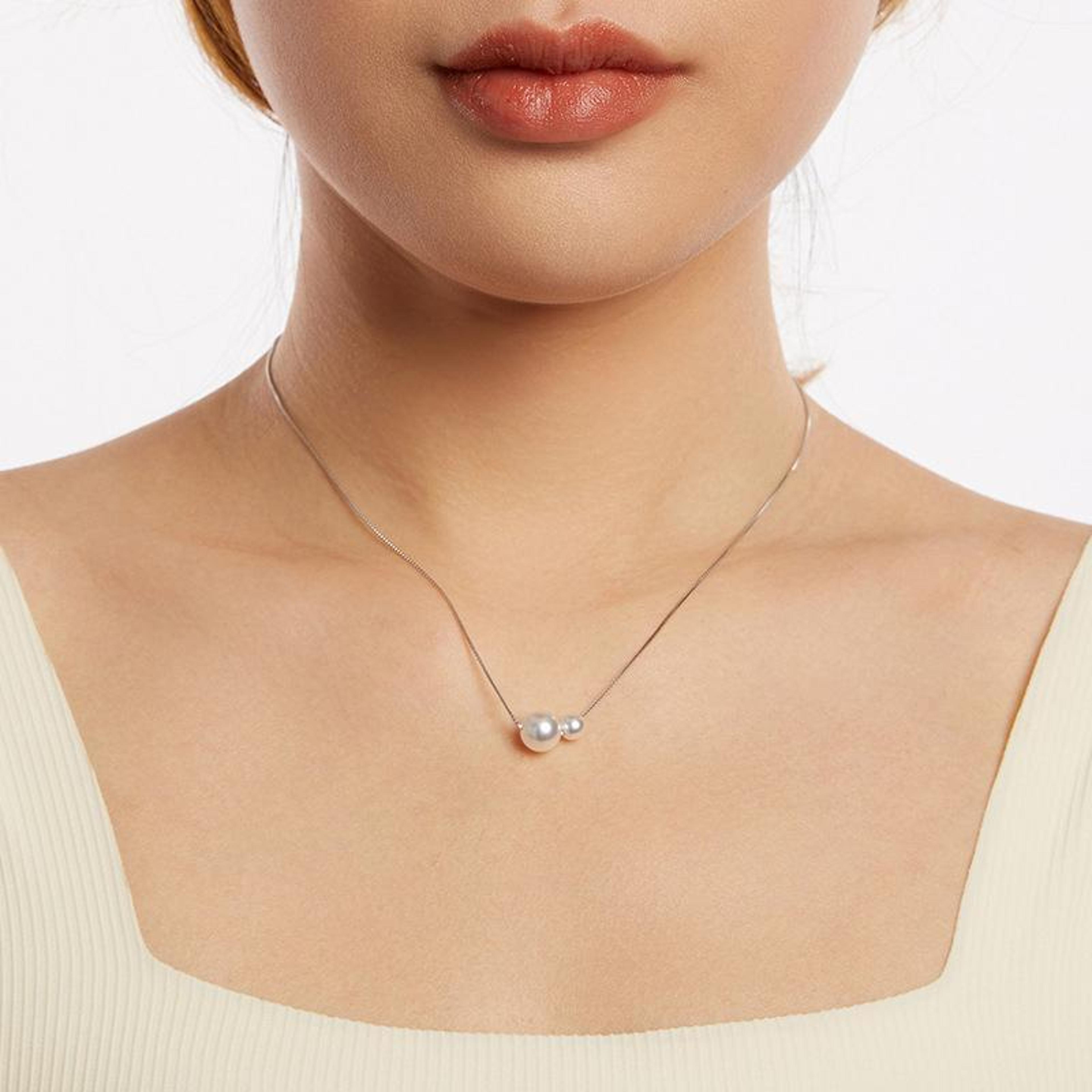 silver pearl necklace, platinum-plated adjustable clavicle chain