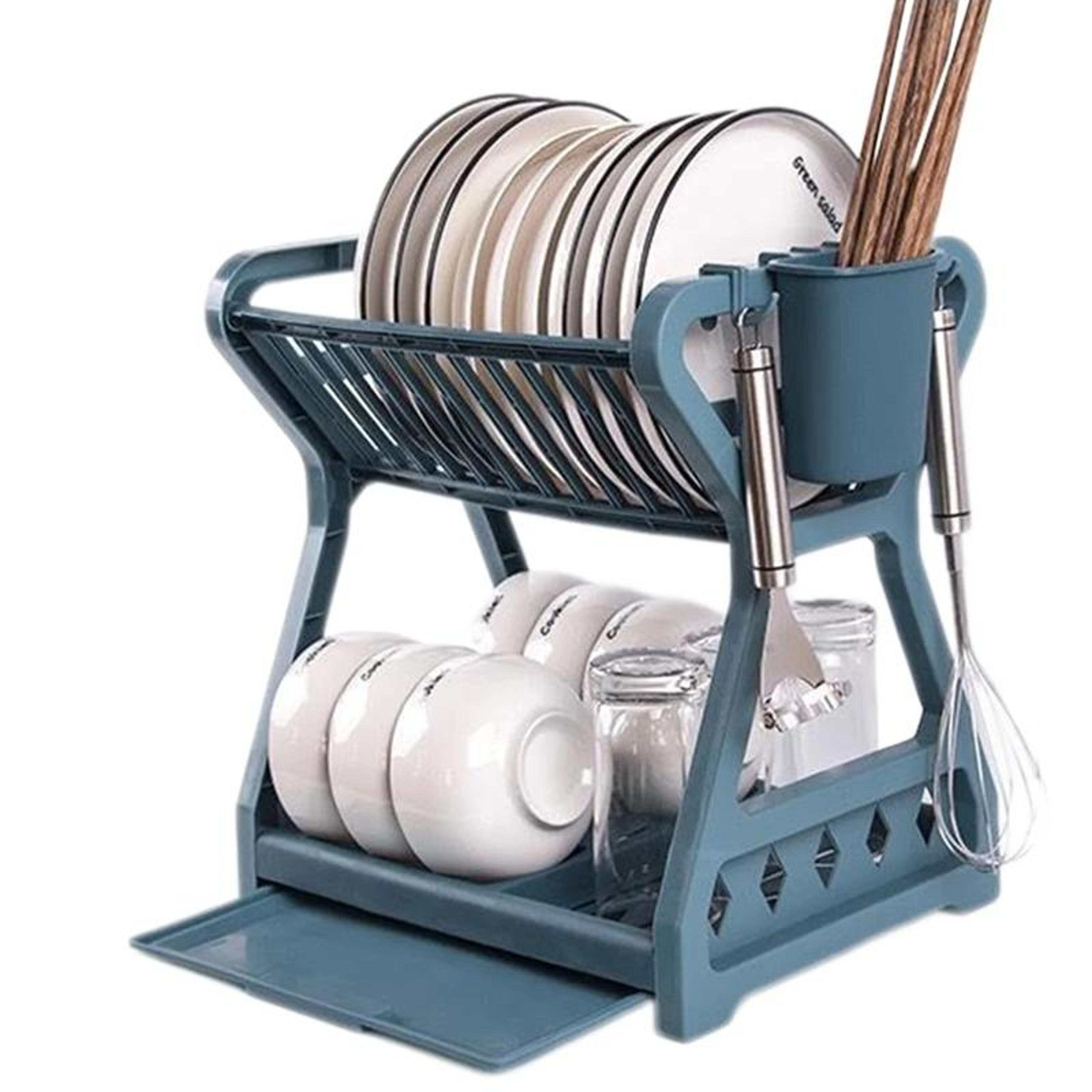 2 tier dish drying rack with utensil holder & removable drain tray