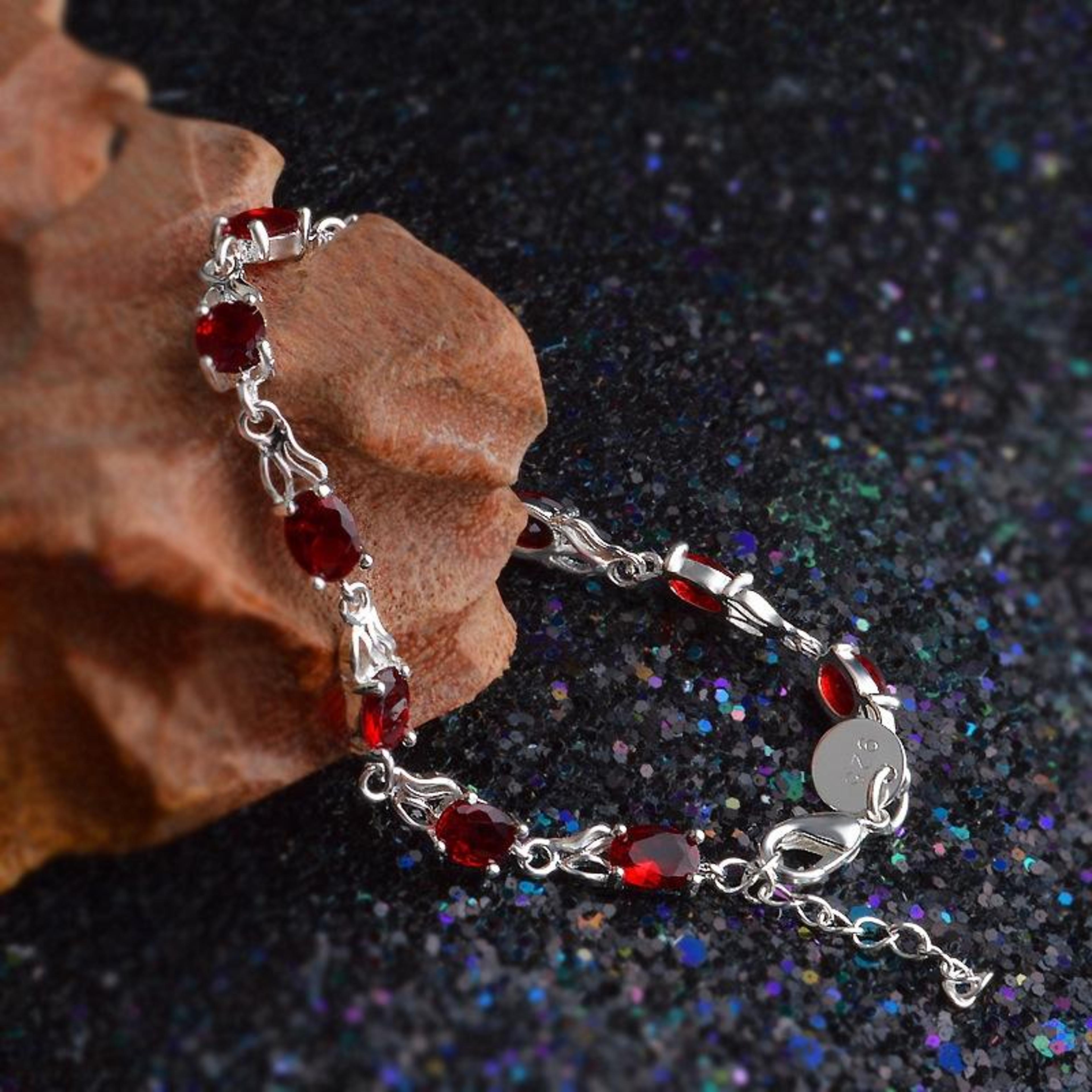 elegant ruby charm bracelet for women, red gemstone silver tone fashion jewelry