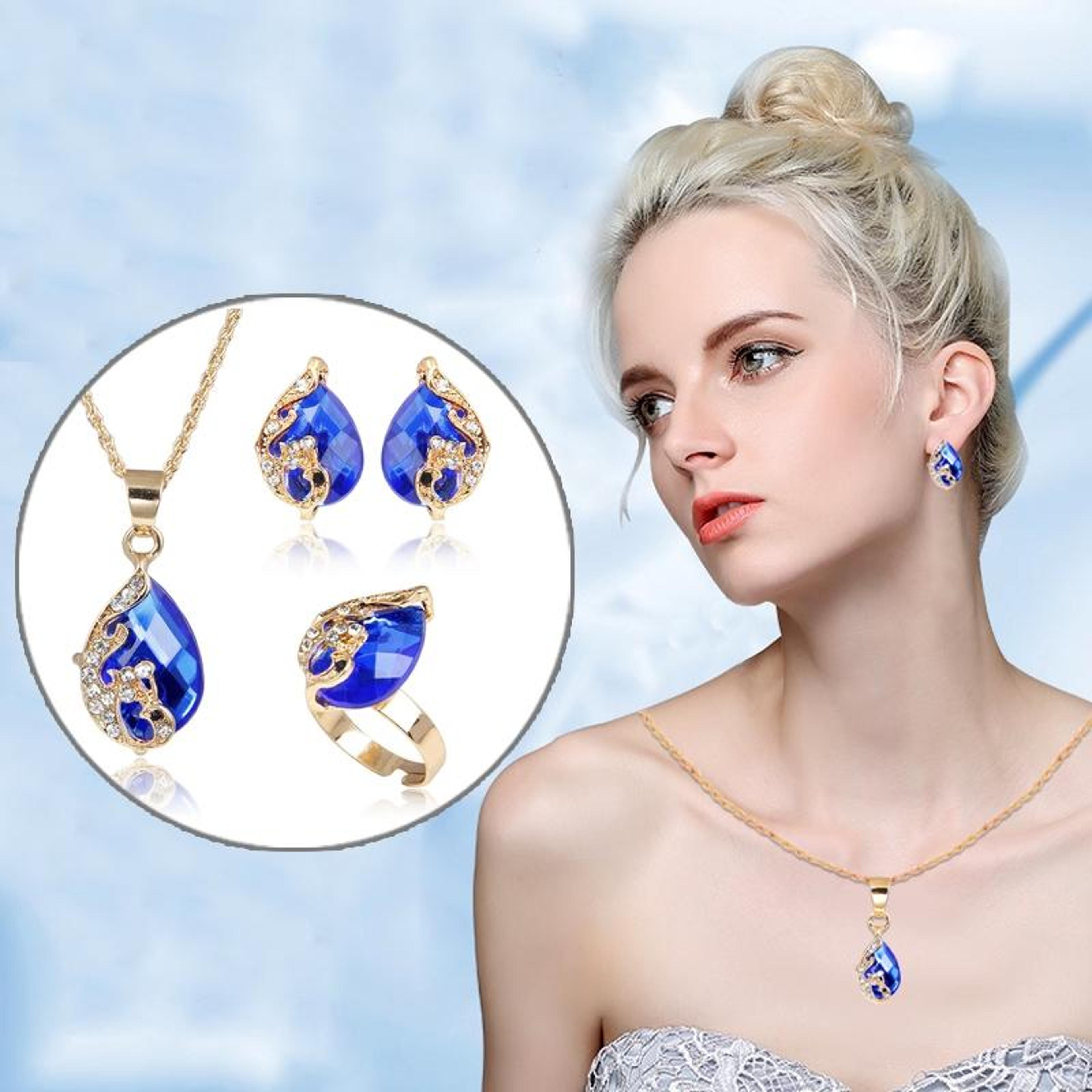 elegant peacock crystal jewelry set for women necklace earrings ring gift set