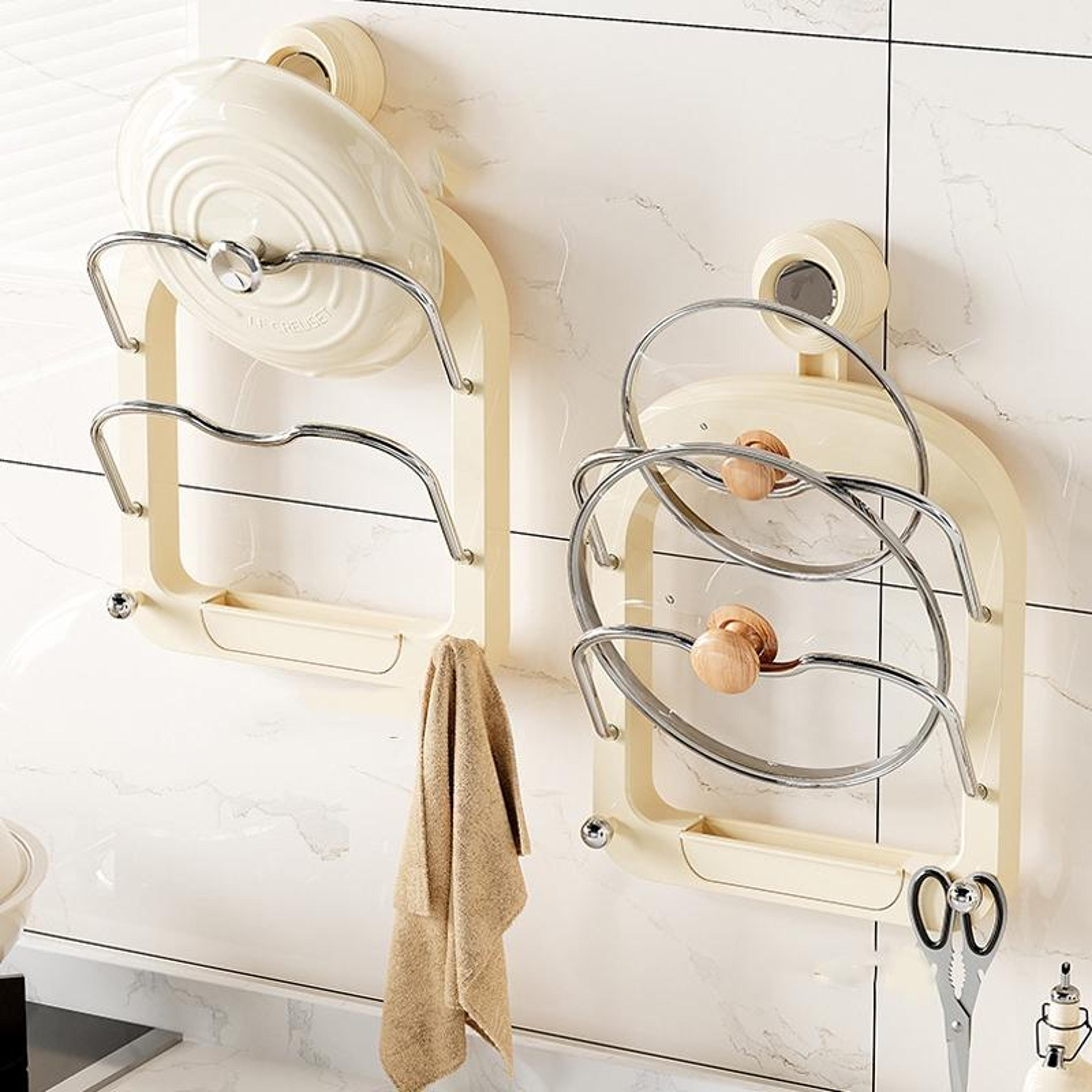 double layer pot lid holder wall mount with no drill kitchen organizer & suction cup rack