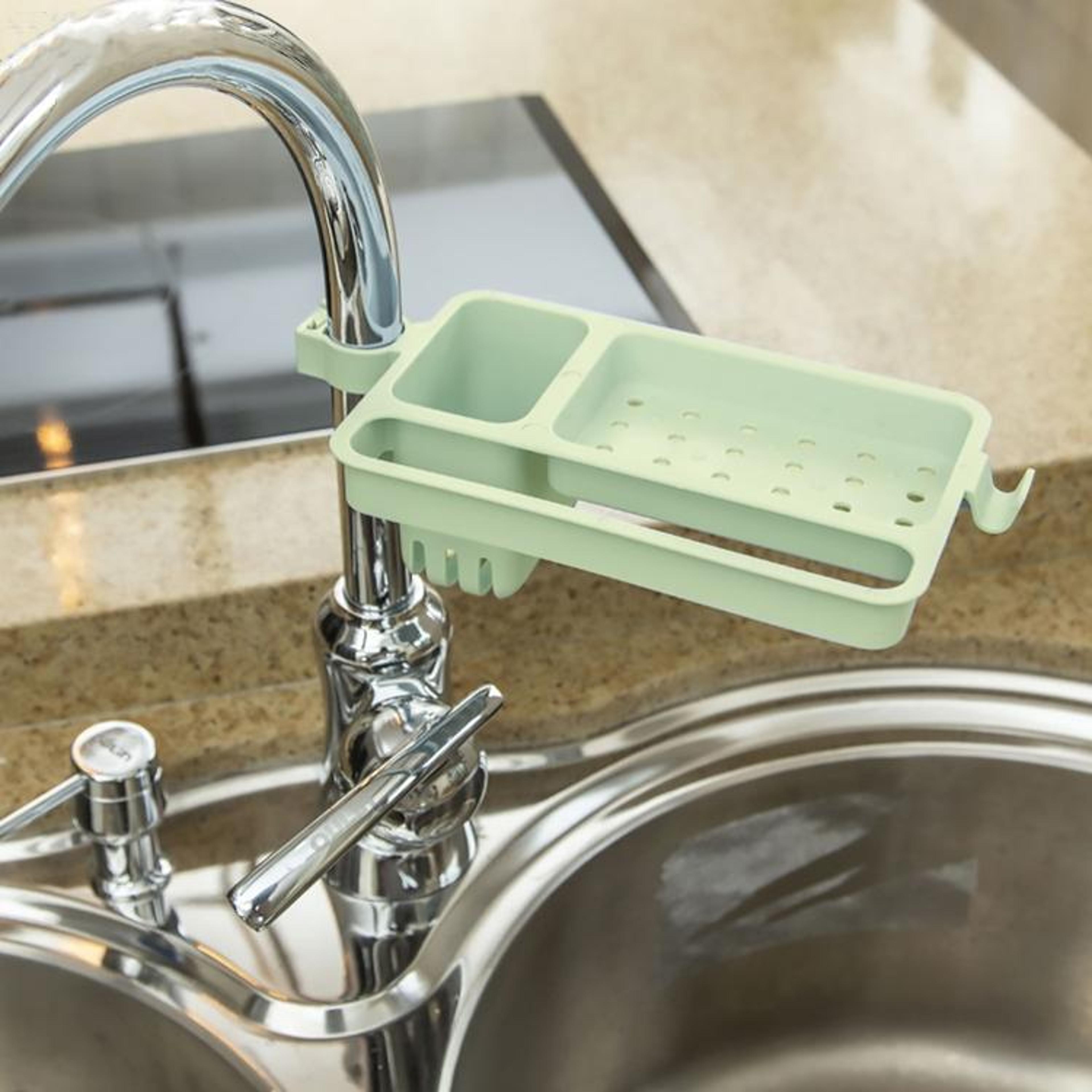 adjustable sink drain storage rack with soap holder & towel hook for bathroom faucets