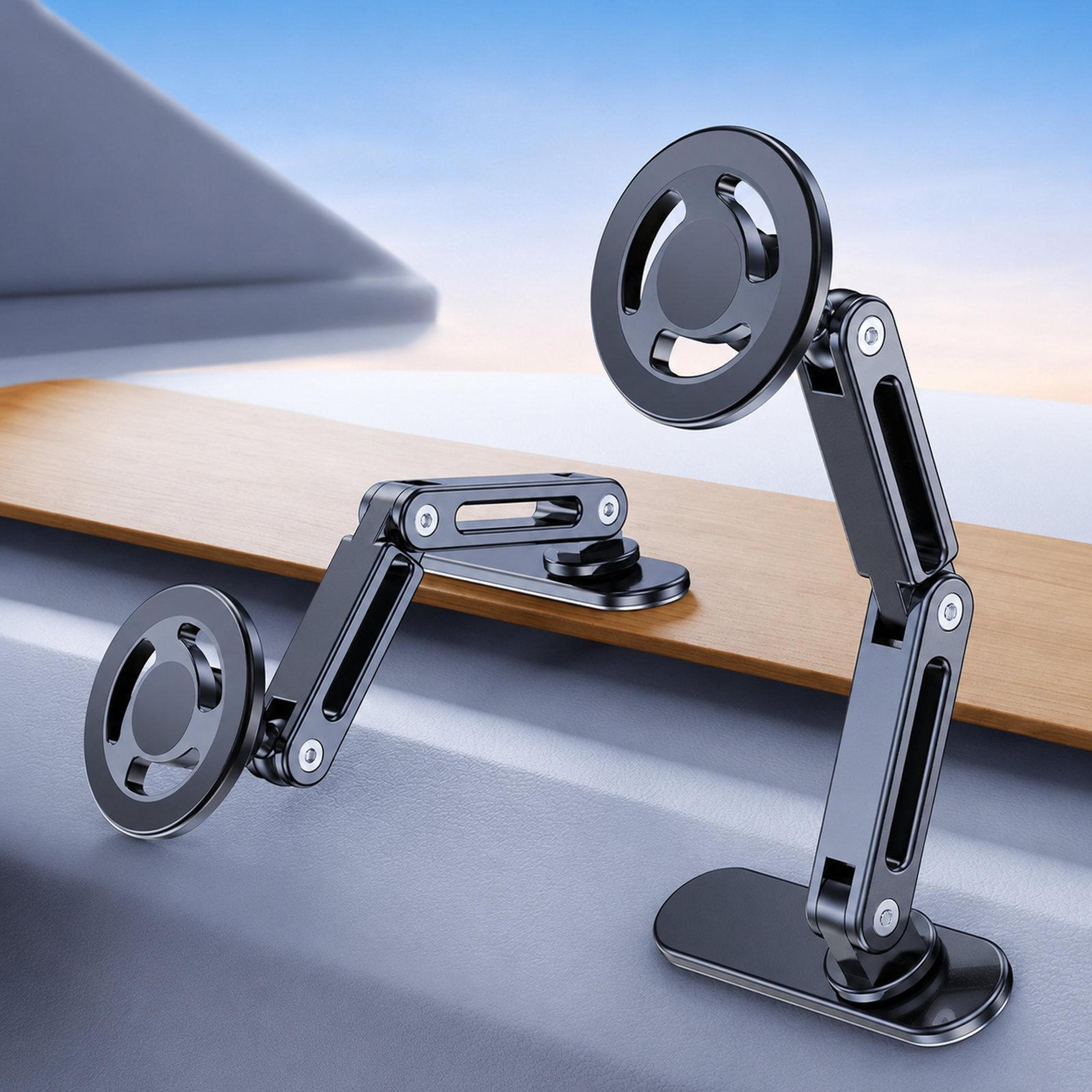 magnetic car phone mount for curved dashboards with dual-joint adjustable arm