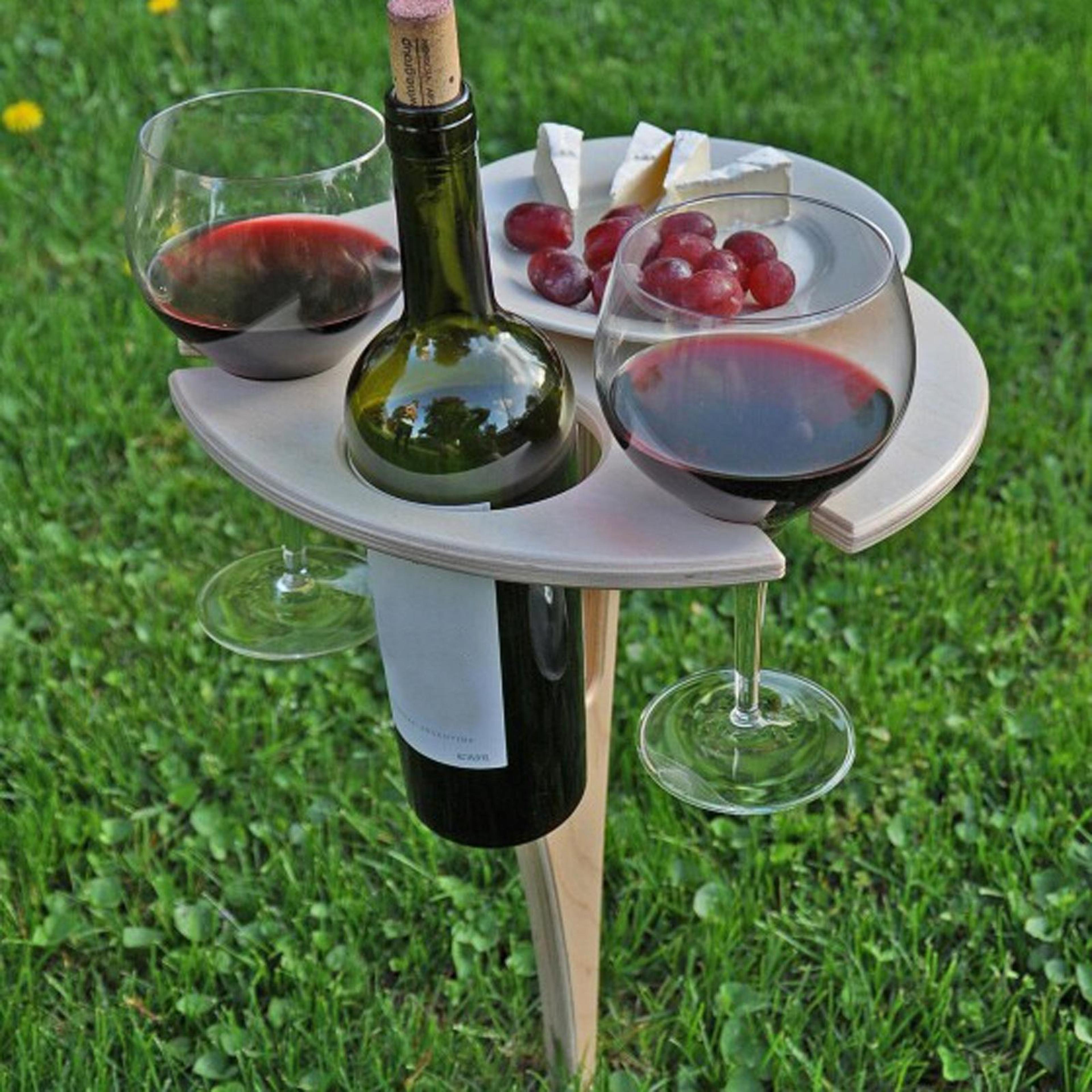 rustic foldable picnic wine table & glass holder for outdoor gatherings