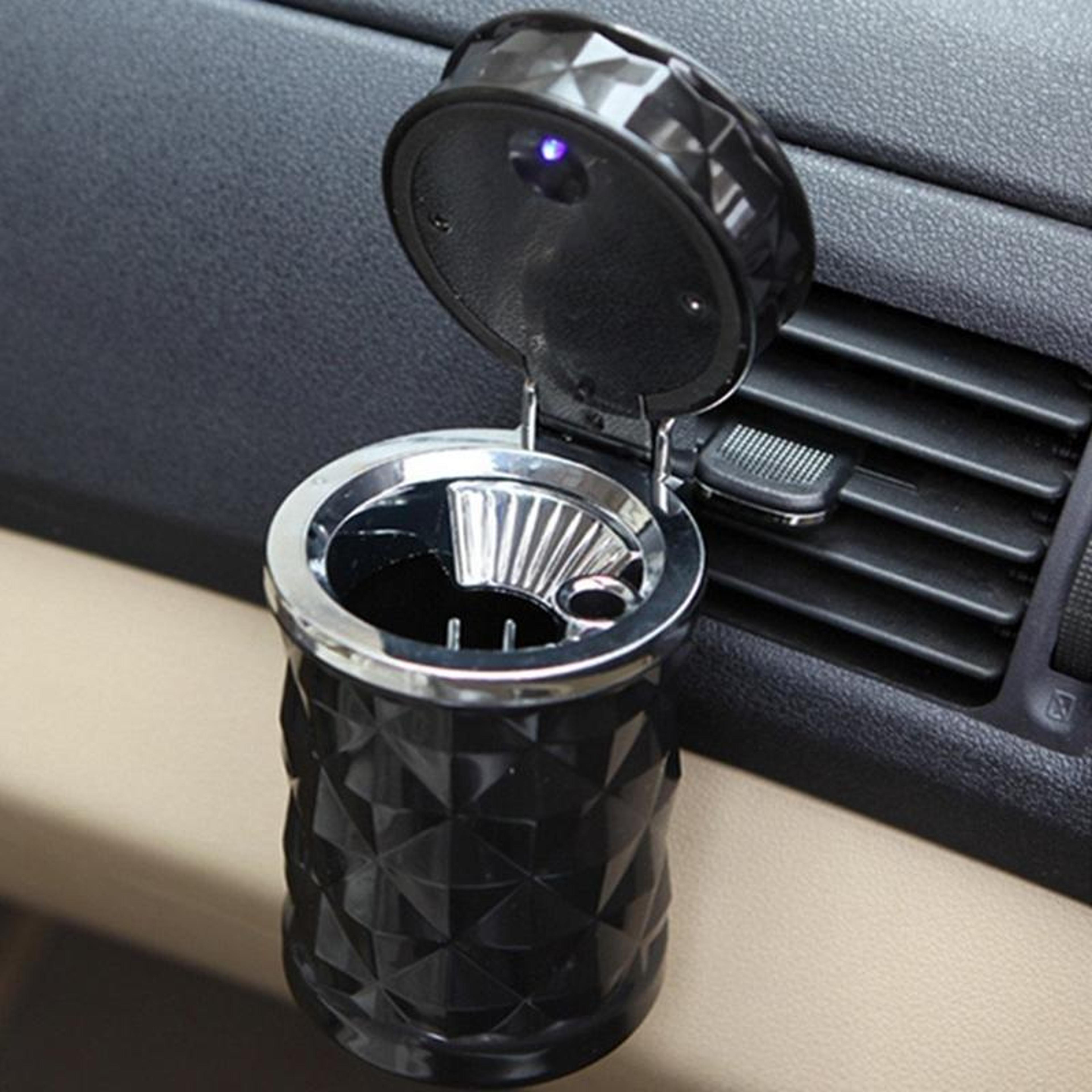diamond facet car ashtray with led light, smokeless portable cup holder ashtray