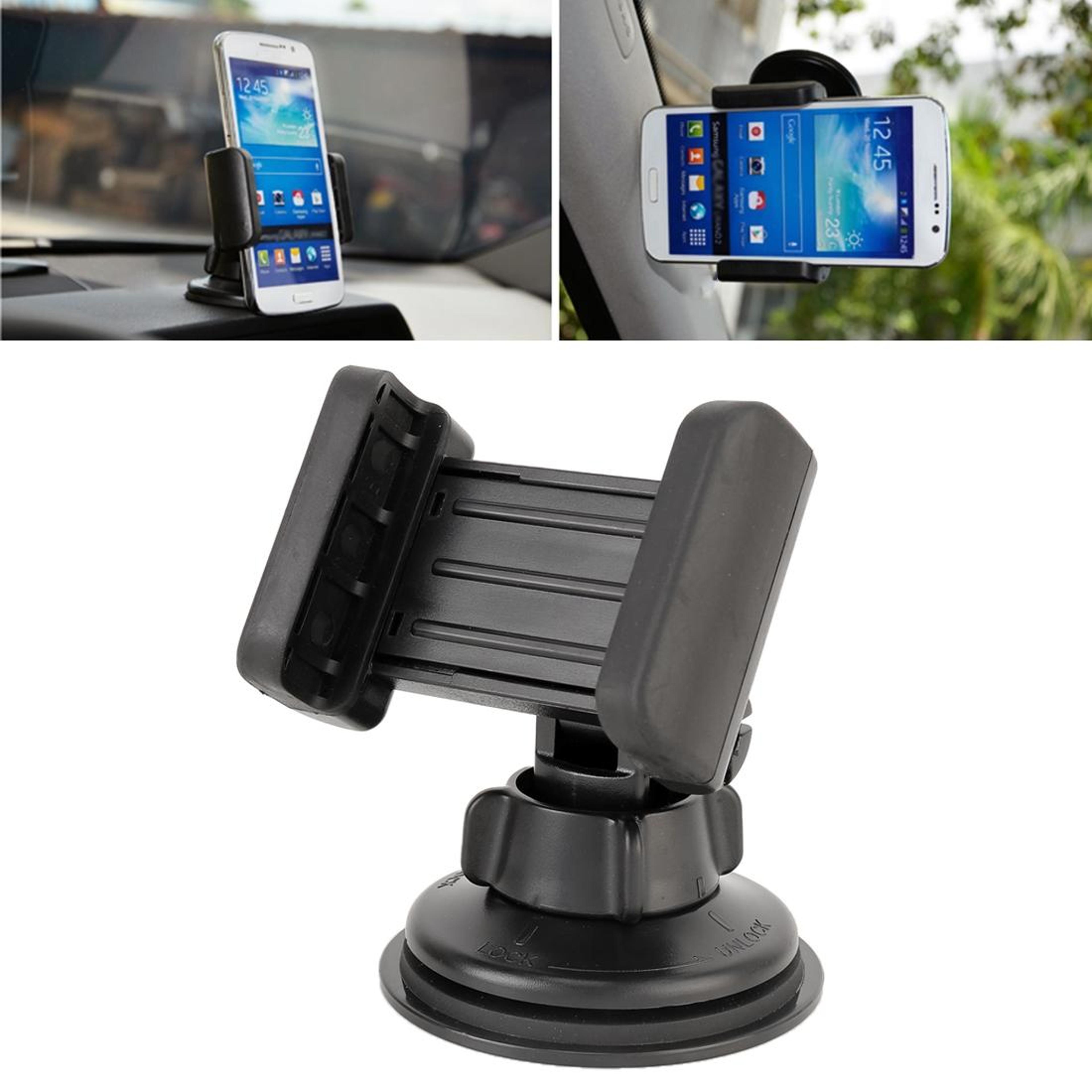 universal car phone holder with 360° suction cup windshield & dashboard mount