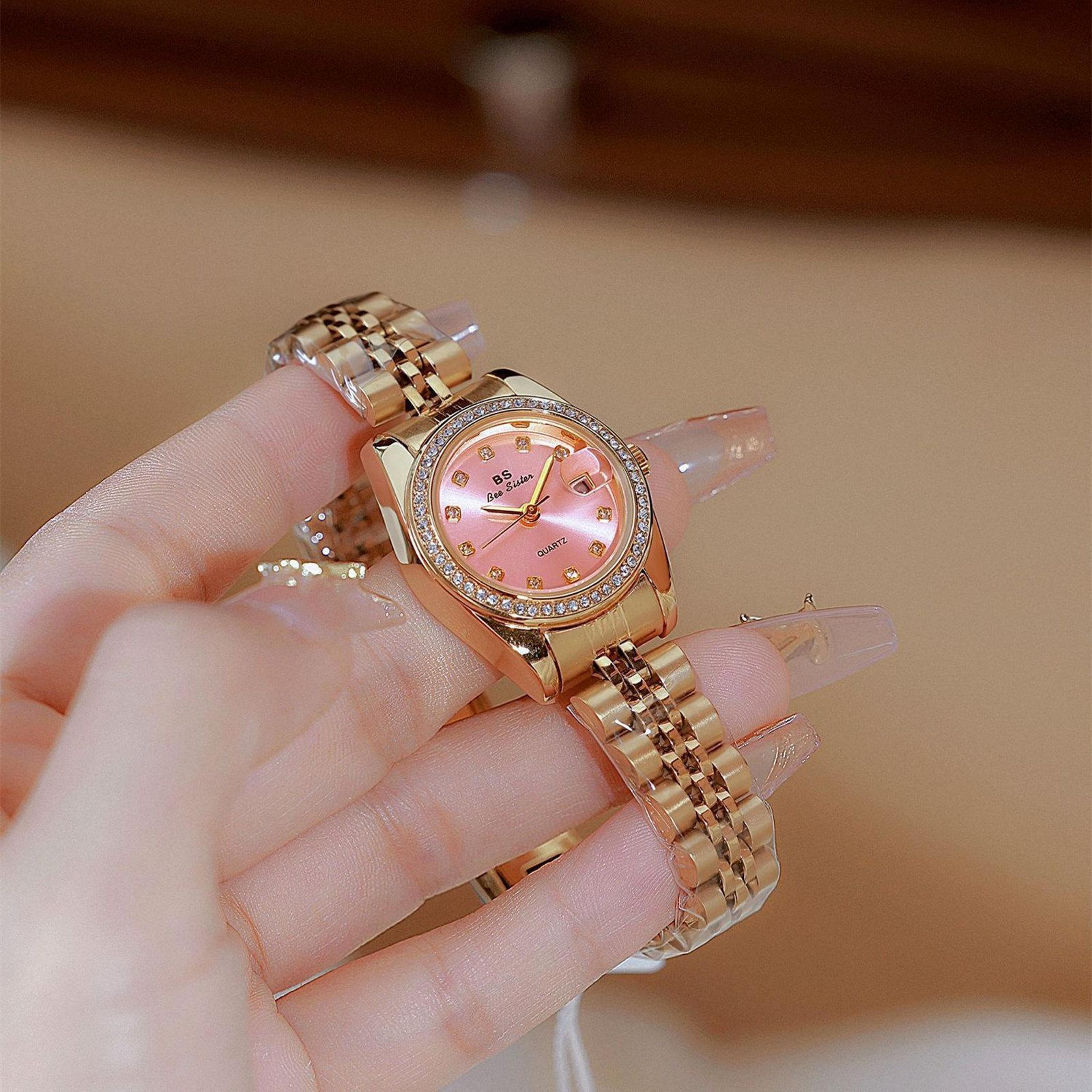 elegant women's dress watch with rhinestone bezel steel band analog wristwatch and date calendar