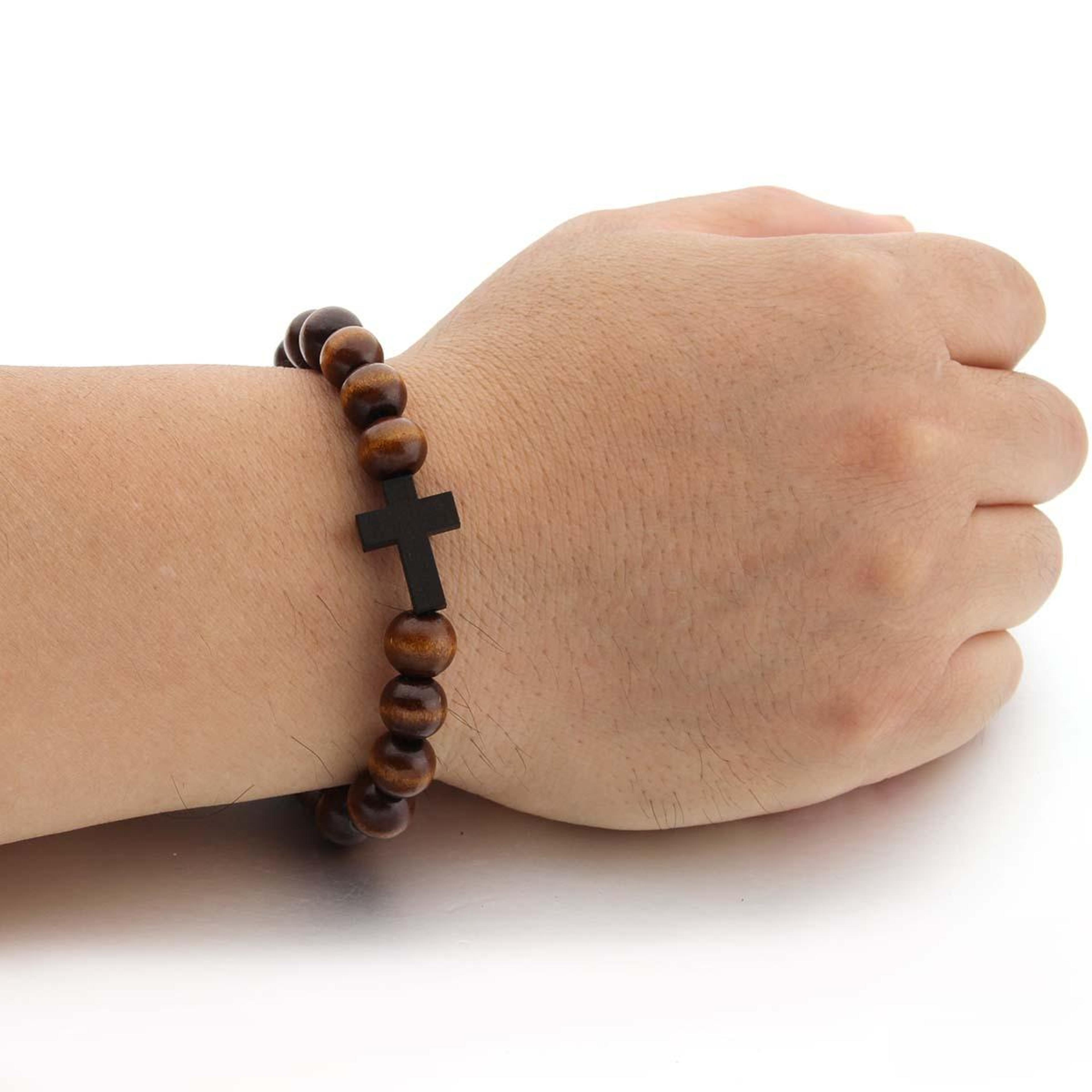 handmade wood bead bracelet with cross pendant christian prayer faith jewelry