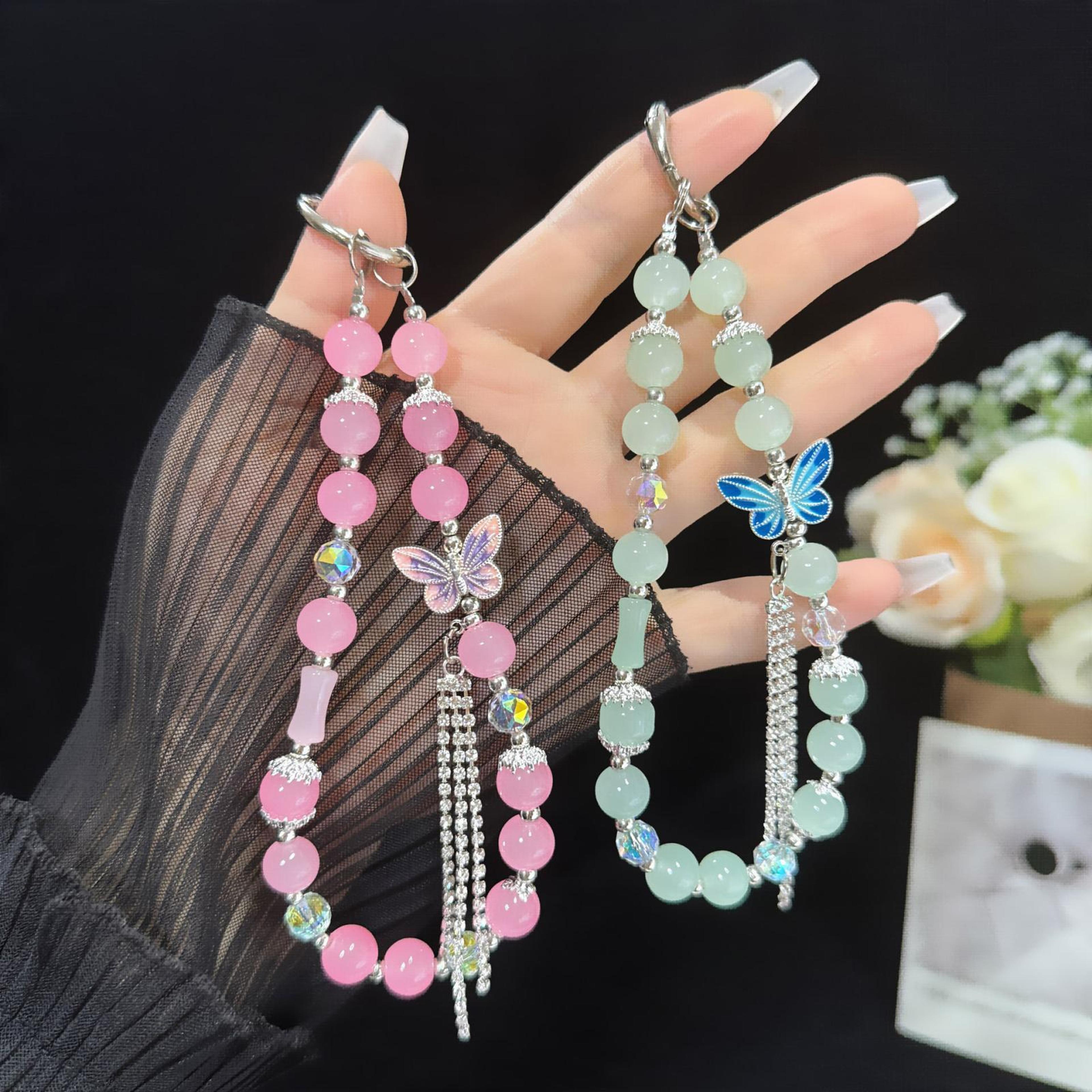 pearl butterfly phone wrist strap anti lost phone charm lanyard with crystal accents