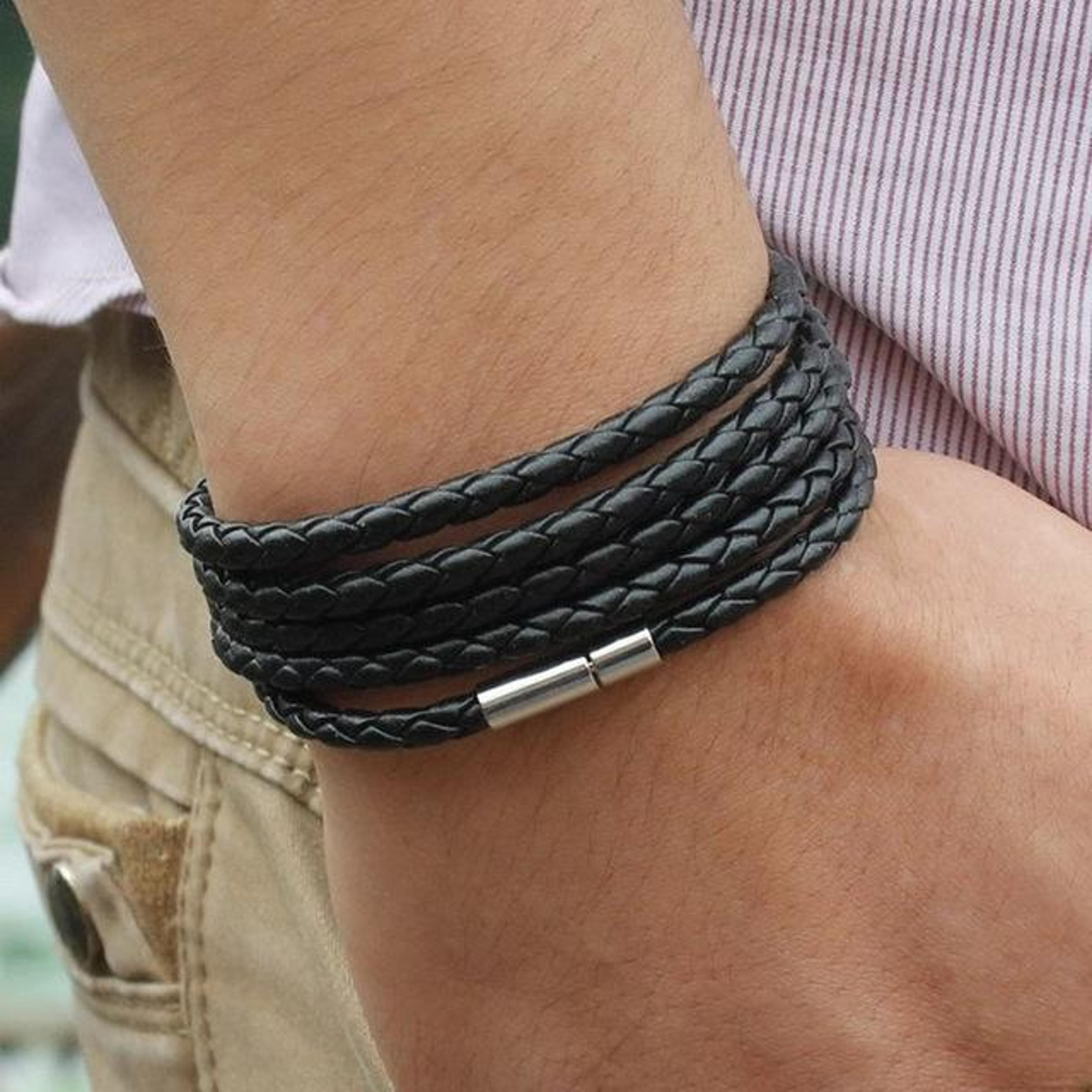 vintage leather couple bracelet for men and women with black charm bracelet design