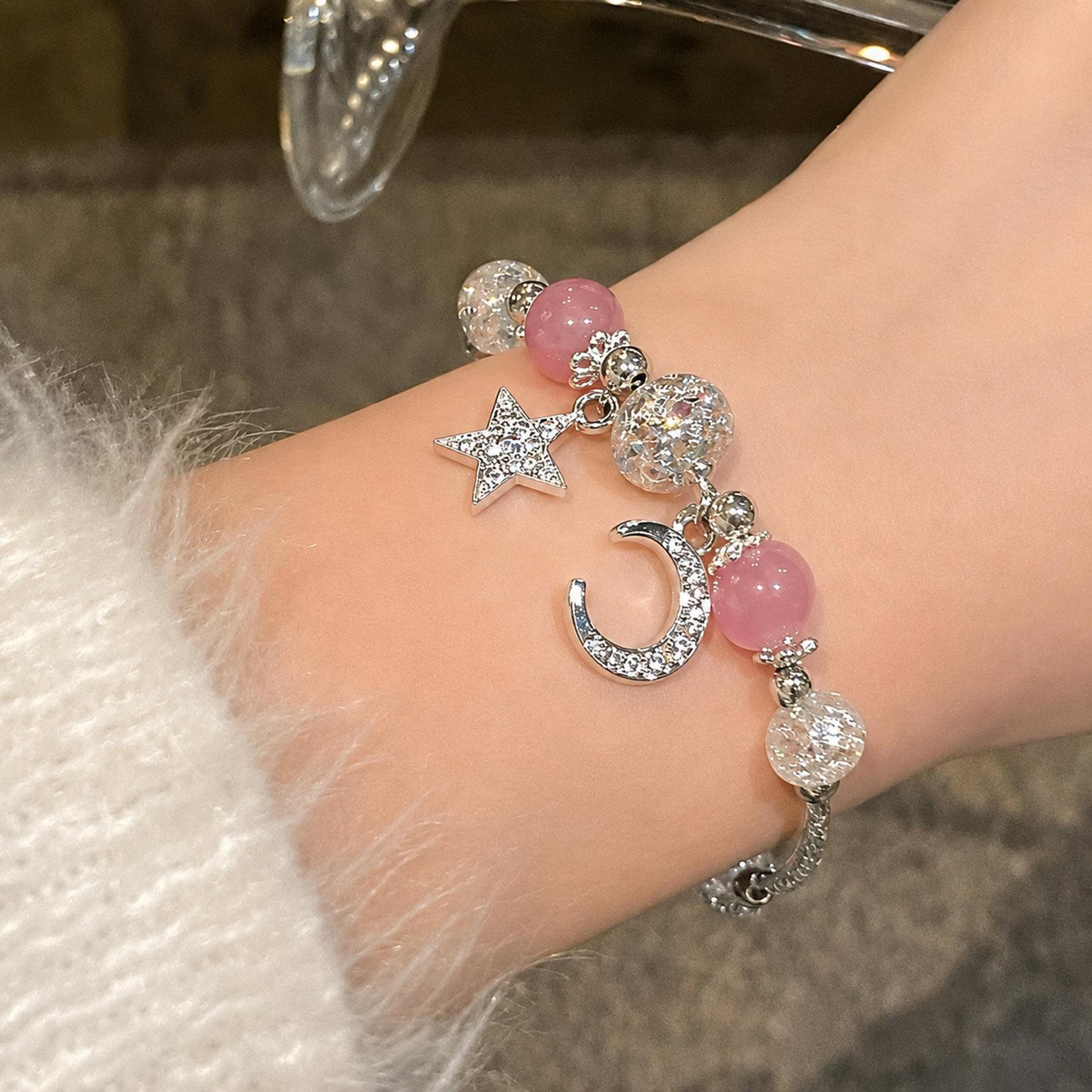 strawberry quartz bracelet for women star moon crystal bead charm bracelet with fringe pendant