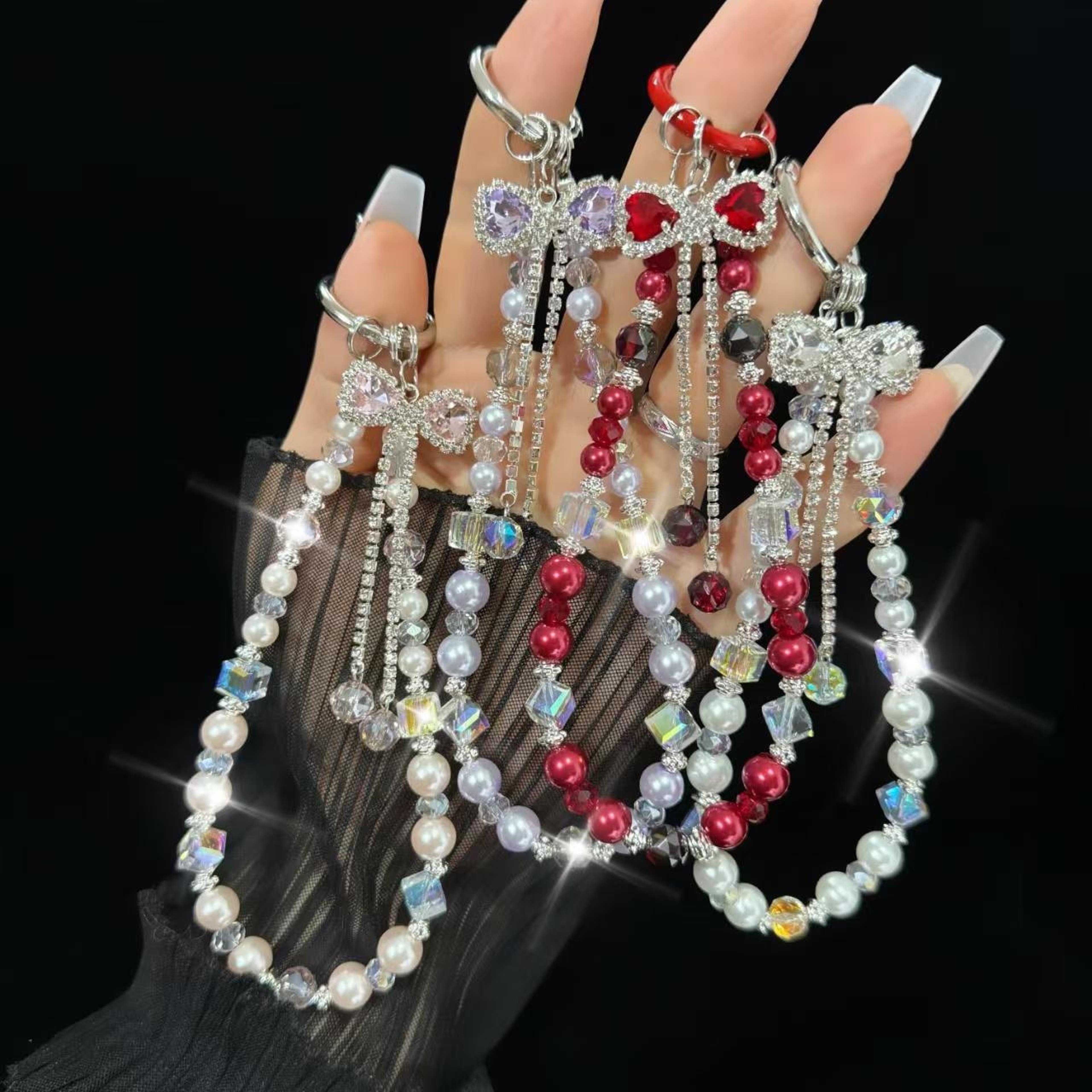 crystal bow tassel phone charm wrist strap beaded phone lanyard anti loss bracelet