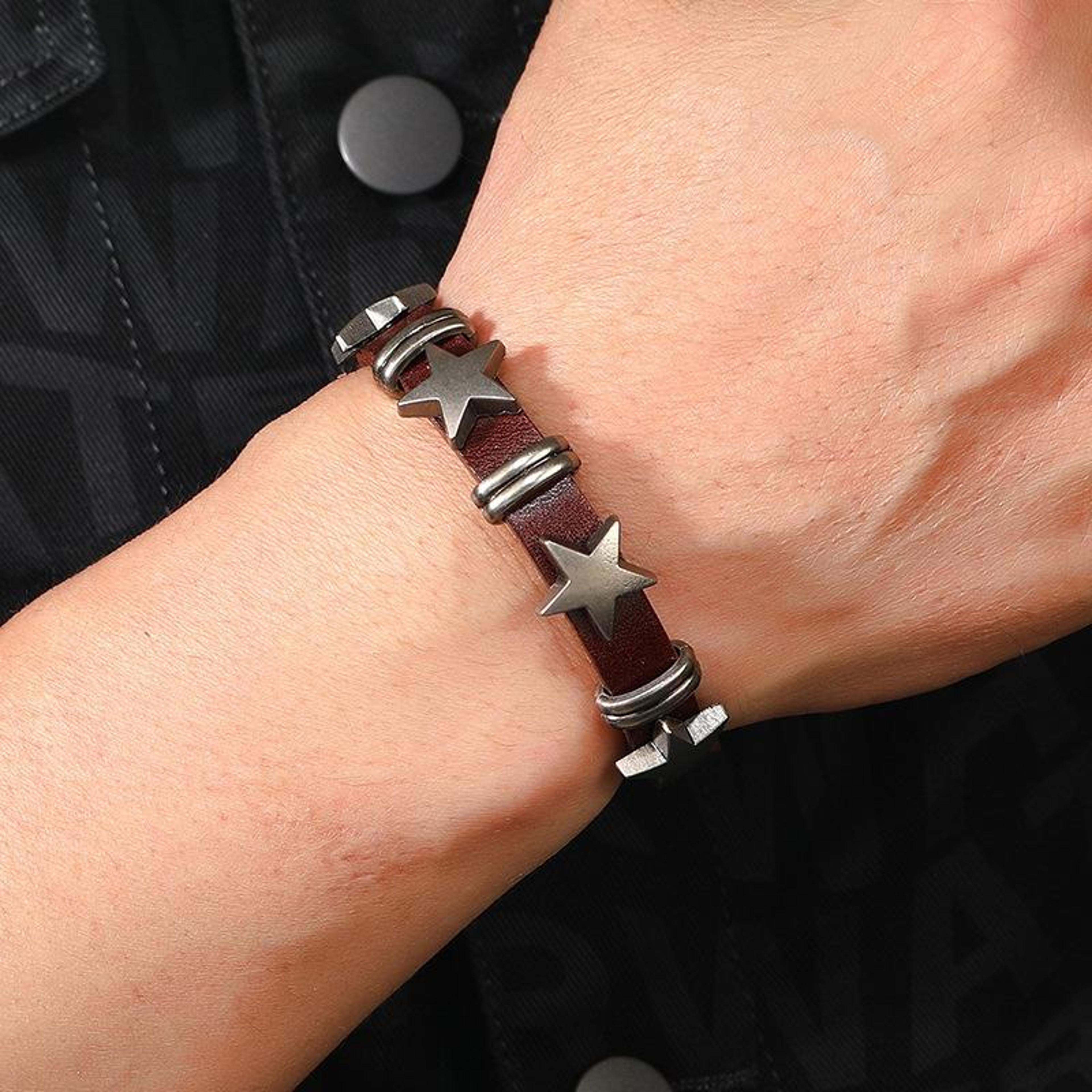 vintage punk leather bracelet with pentagram adjustable unisex cowhide wristband