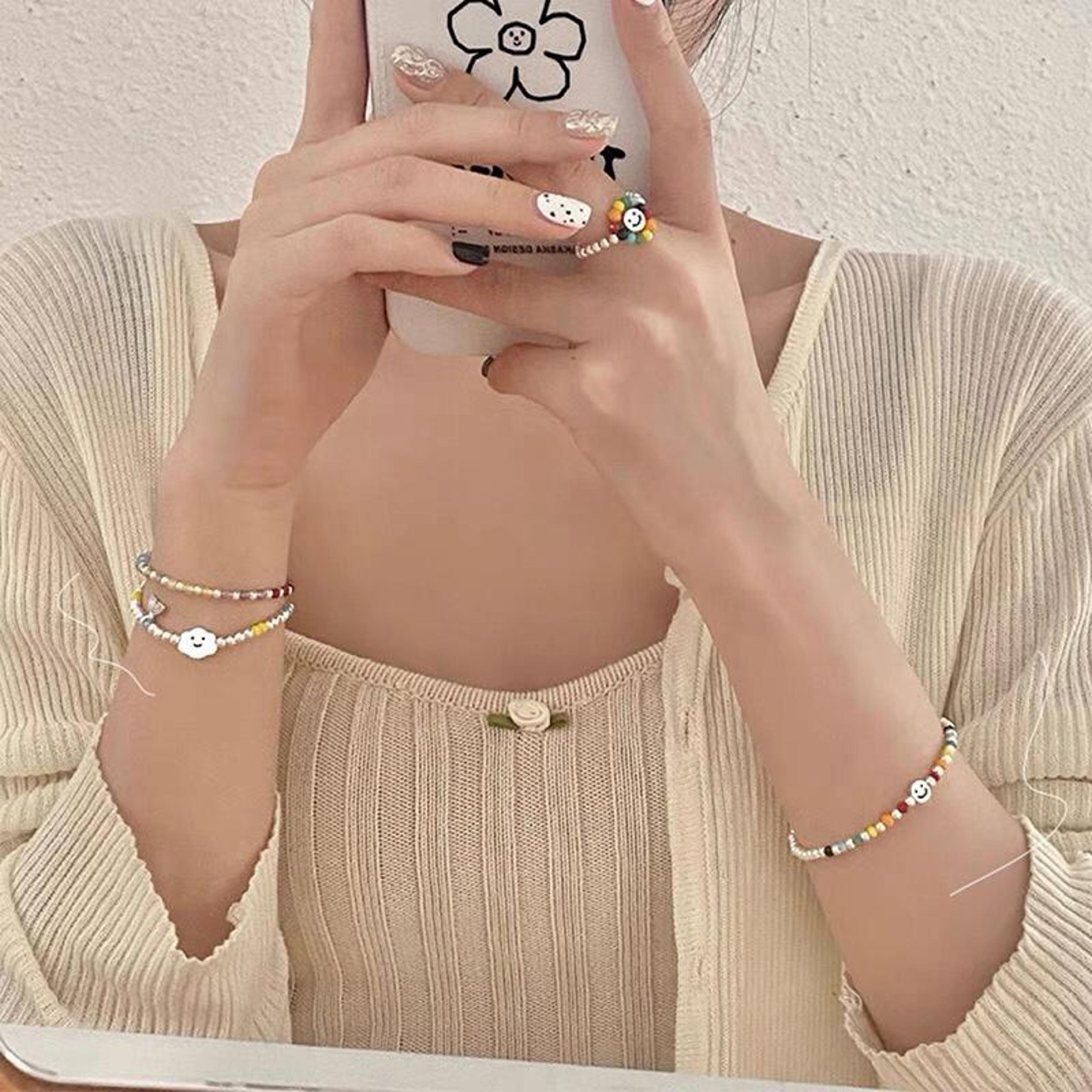 silver plated smile beaded bracelet rainbow stretch stackable bracelet for women