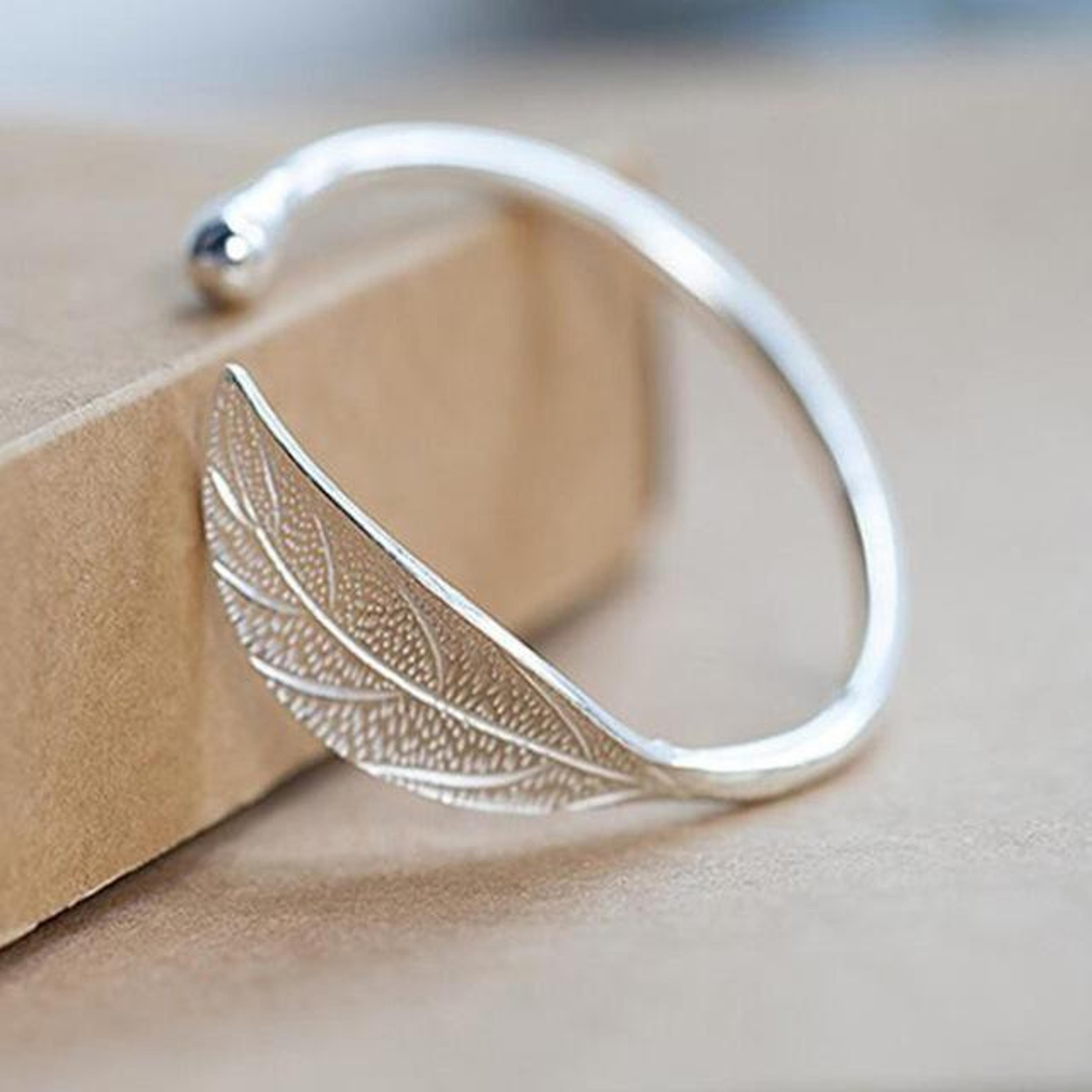 vintage silver leaf cuff bracelet open hypoallergenic bangle for women