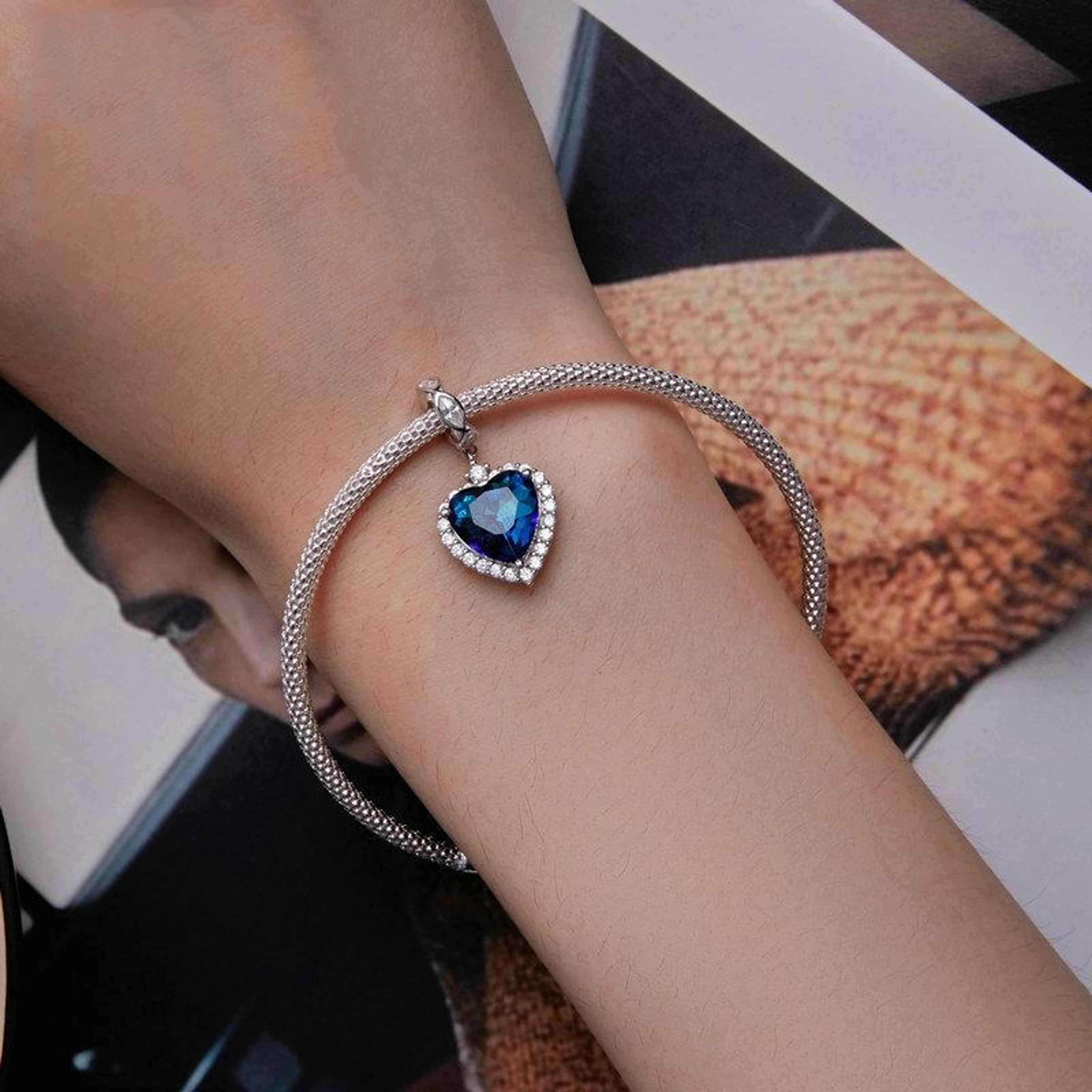 silver bracelet ocean heart charm zircon platinum plated bead