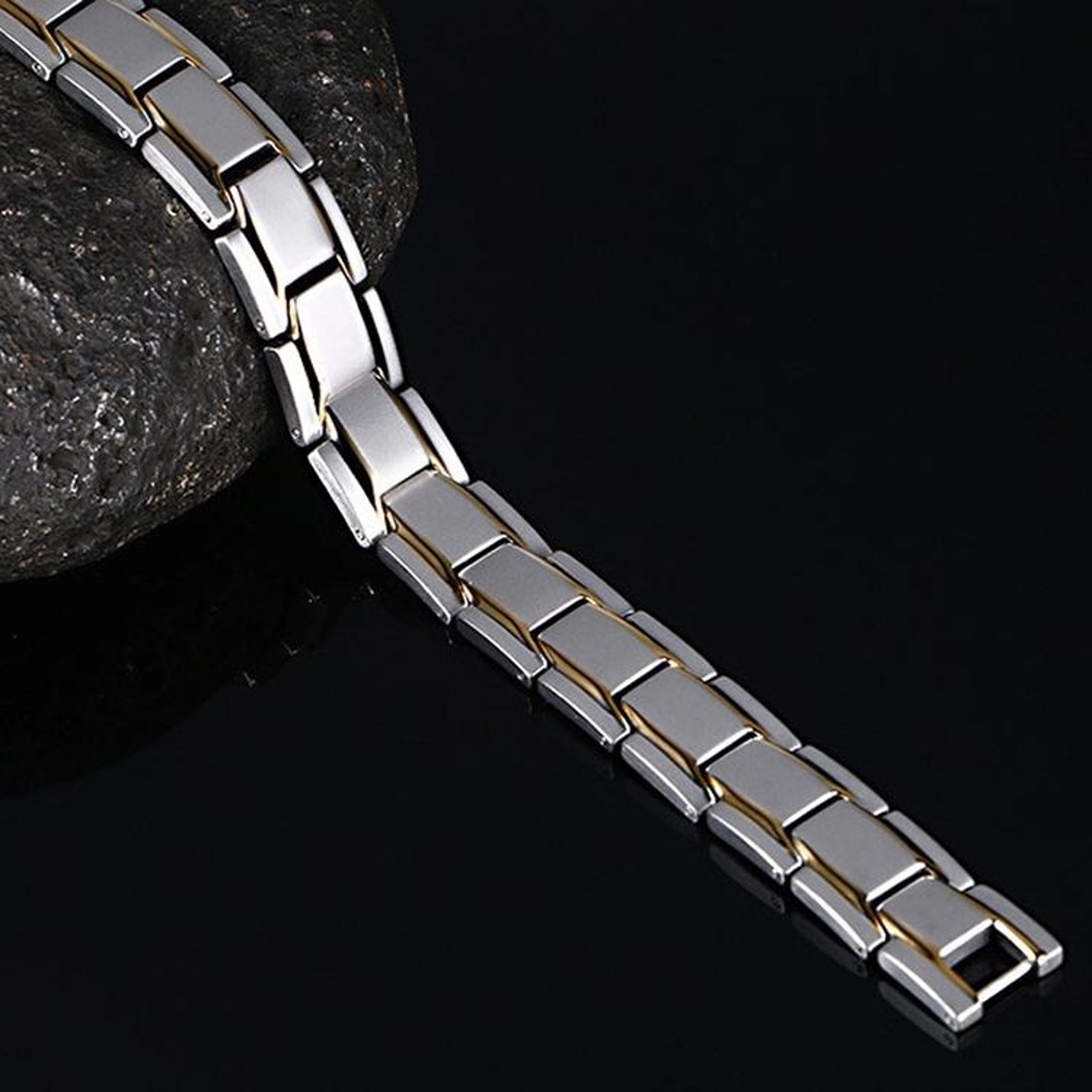 men's stainless steel bracelet with gold plated magnetic link design for everyday style