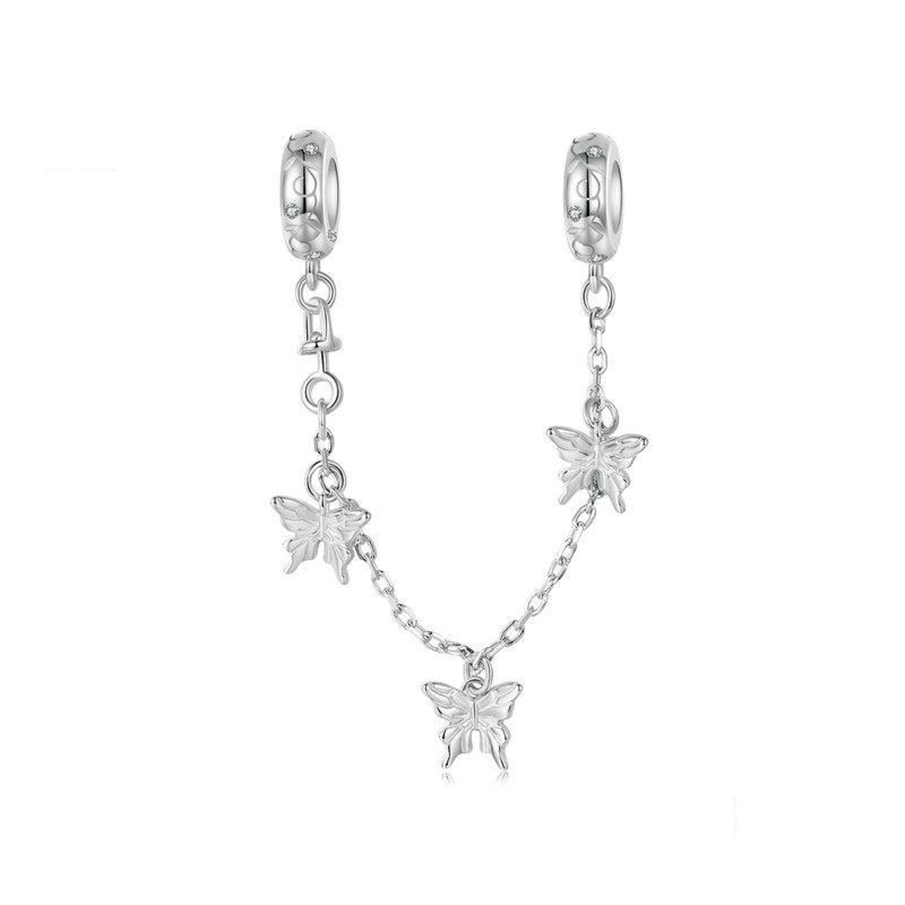 silver butterfly safety chain charm bracelet bead platinum plated jewelry