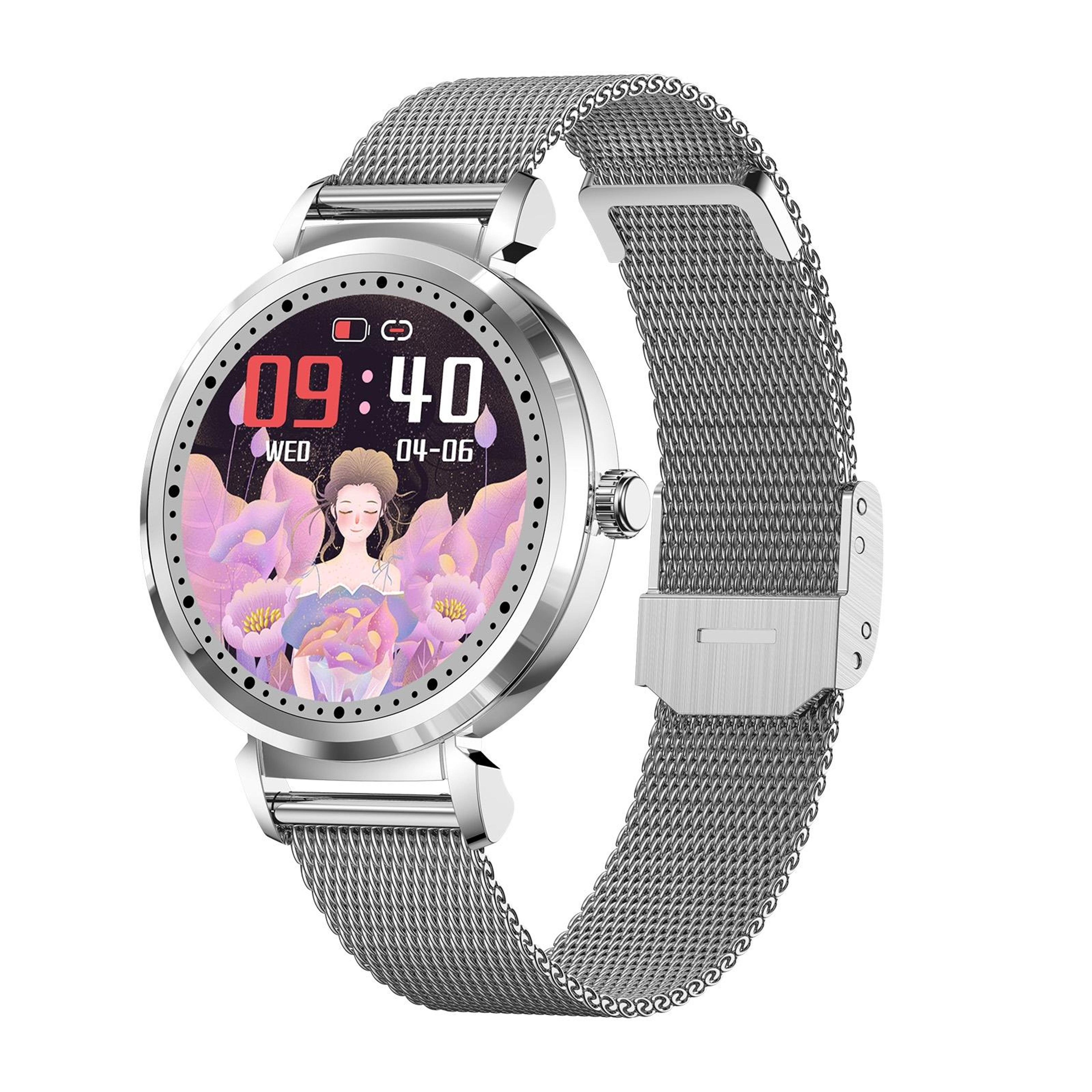 kc06 smart health watch for women with menstrual cycle tracker and heart rate monitor steel strap silver