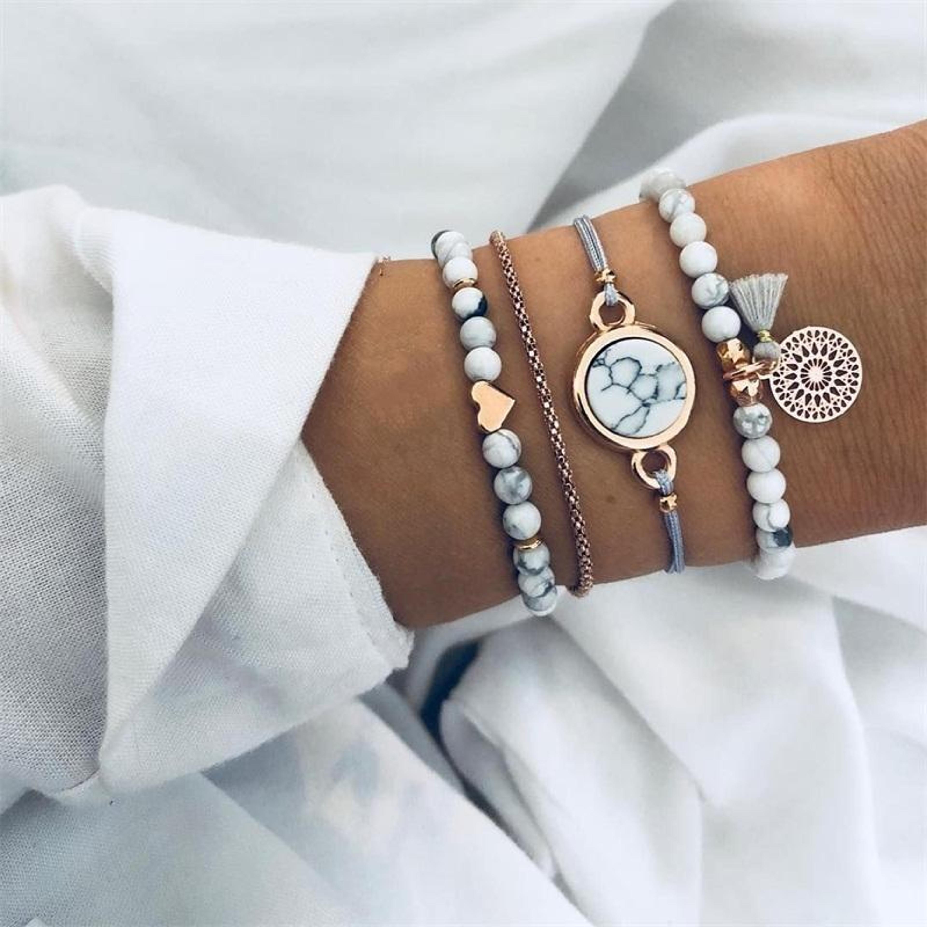 bohemian charm bead bracelet set for women with heart charm, marble stone & tassel bangles