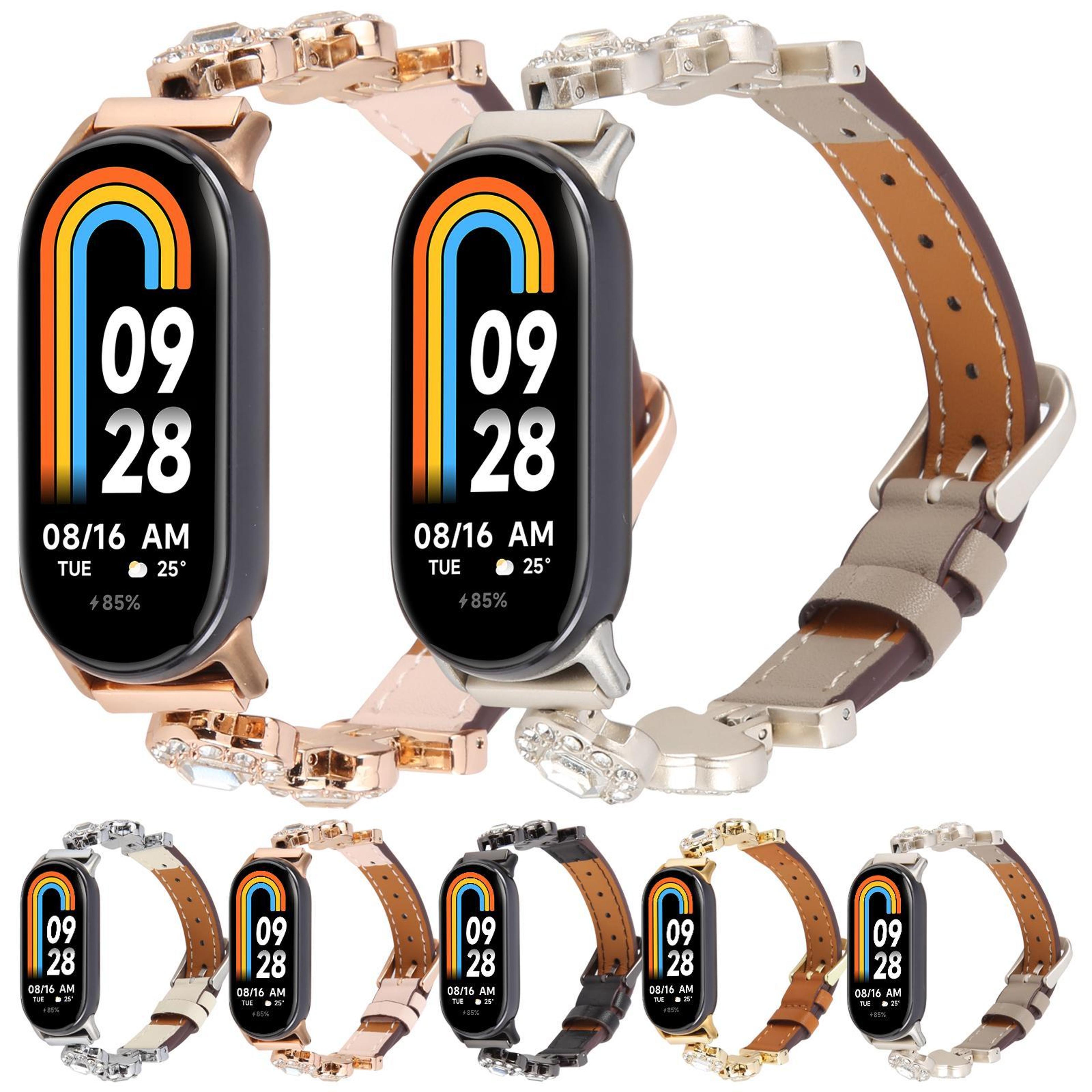xiaomi smart band 9 8 leather watch band with metal diamond bracelet elegant replacement strap