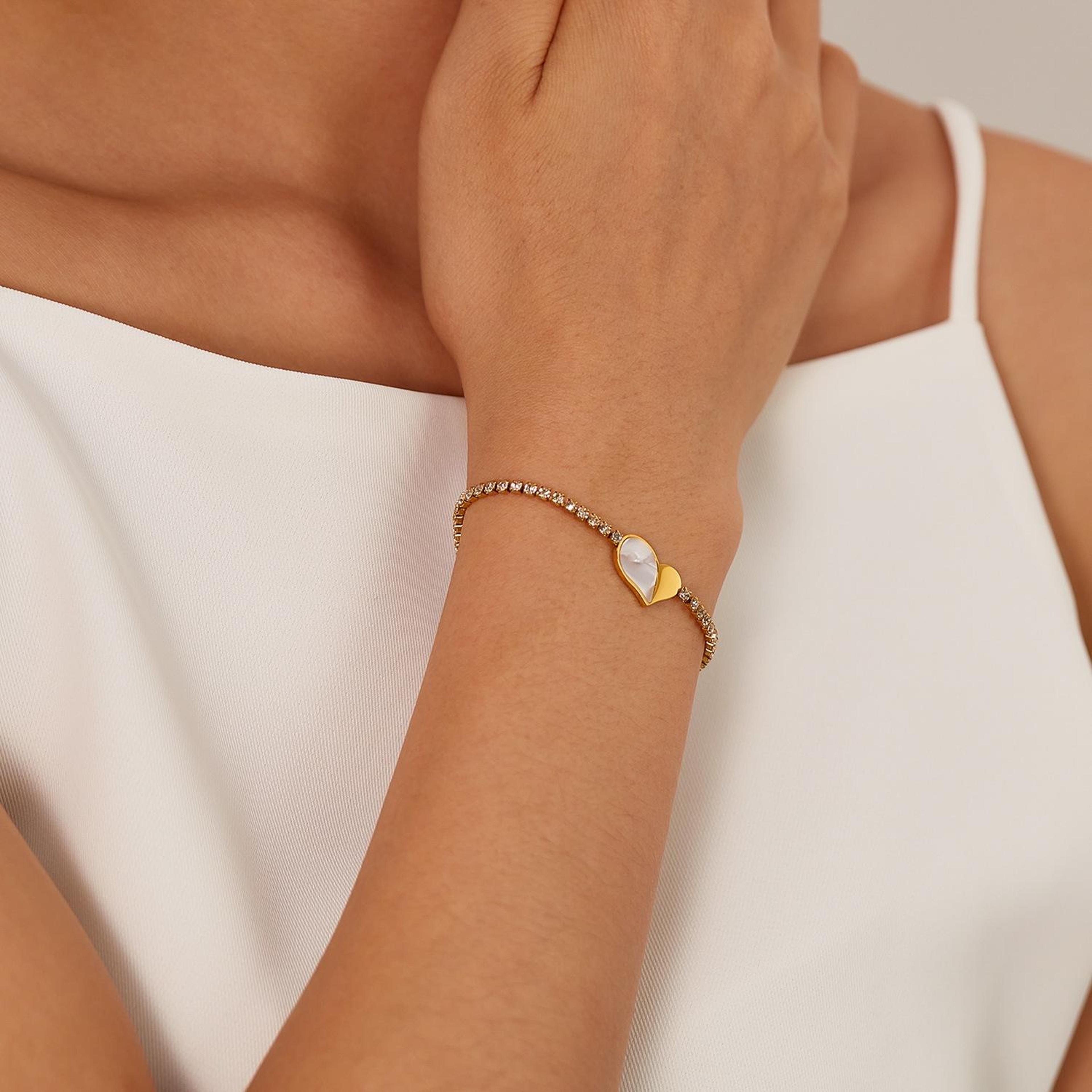 stainless steel love heart shell bracelet with zirconia diamond accent for women
