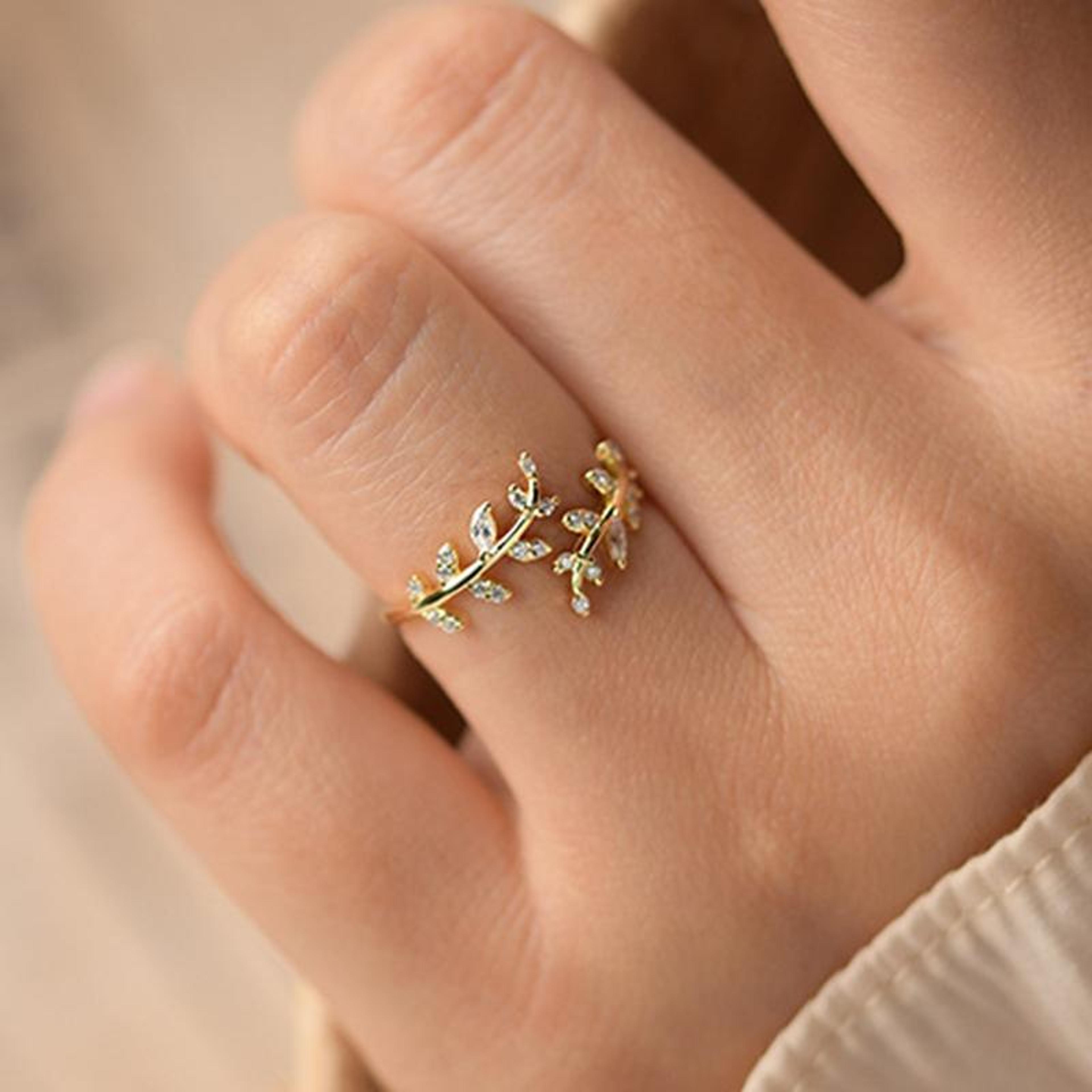 silver leaf zirconia adjustable ring nature inspired jewelry for women
