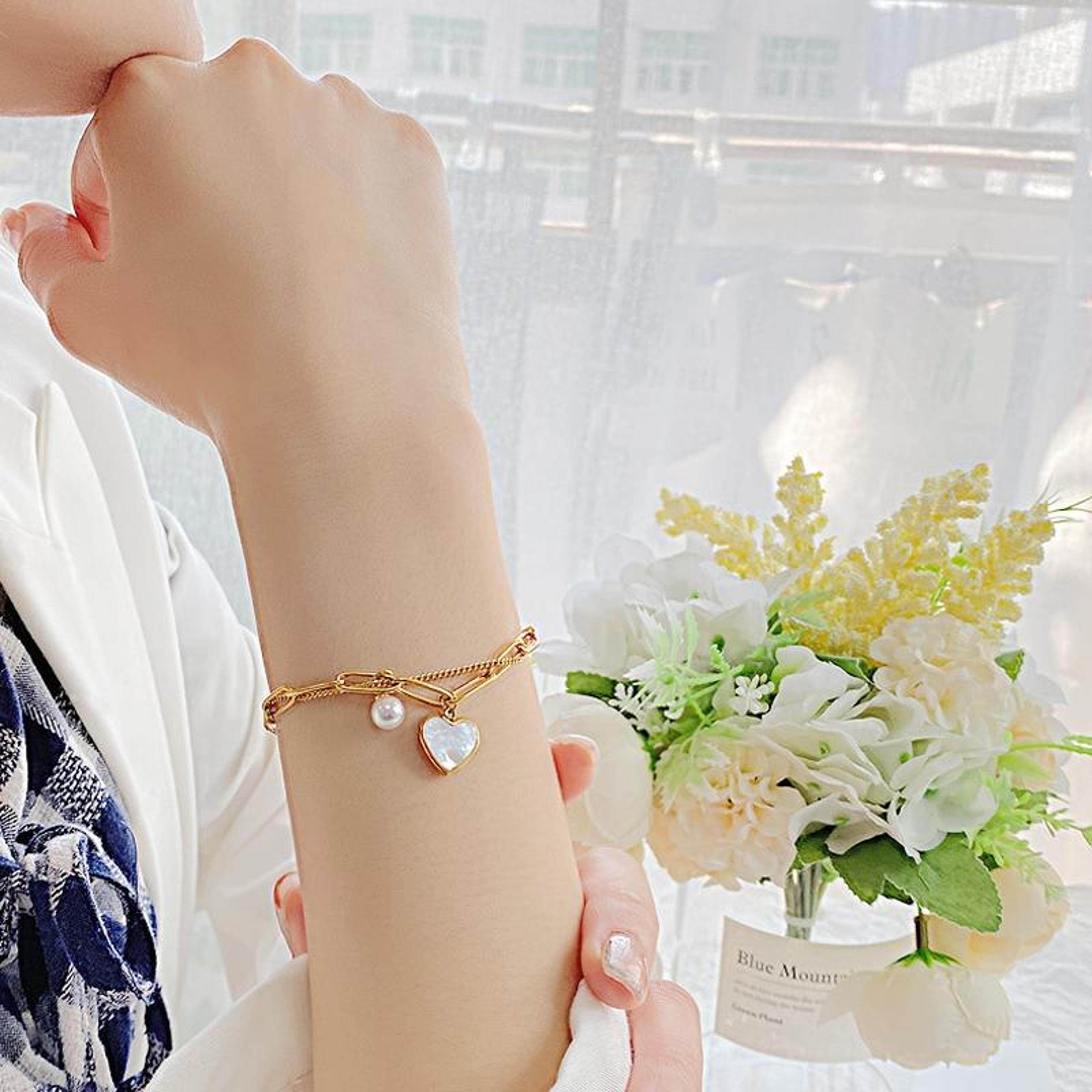 opk double layer stainless steel bracelet with peach heart pearl charm for women