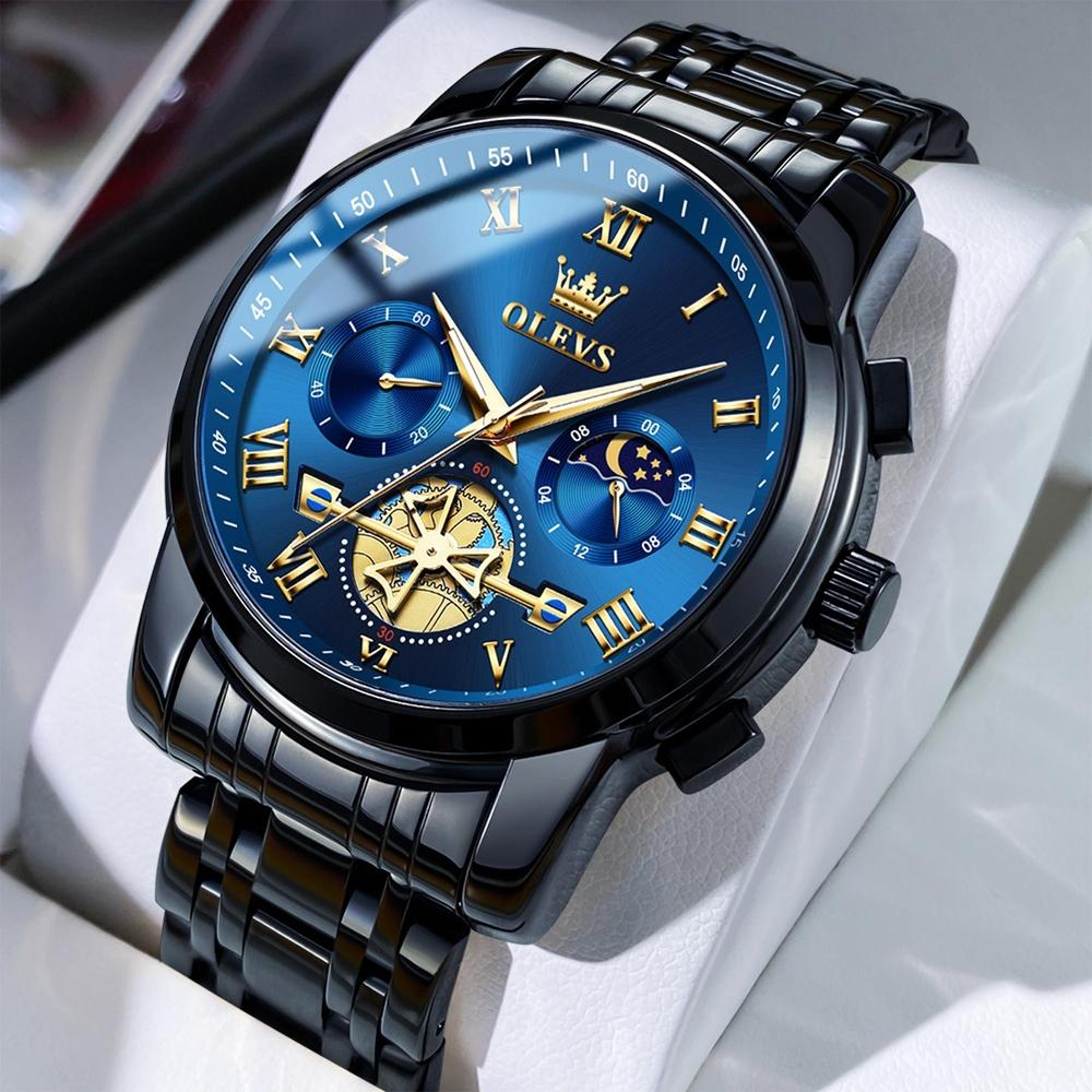 olevs 2859 men quartz watch with luminous display, stainless steel band & 30m waterproof