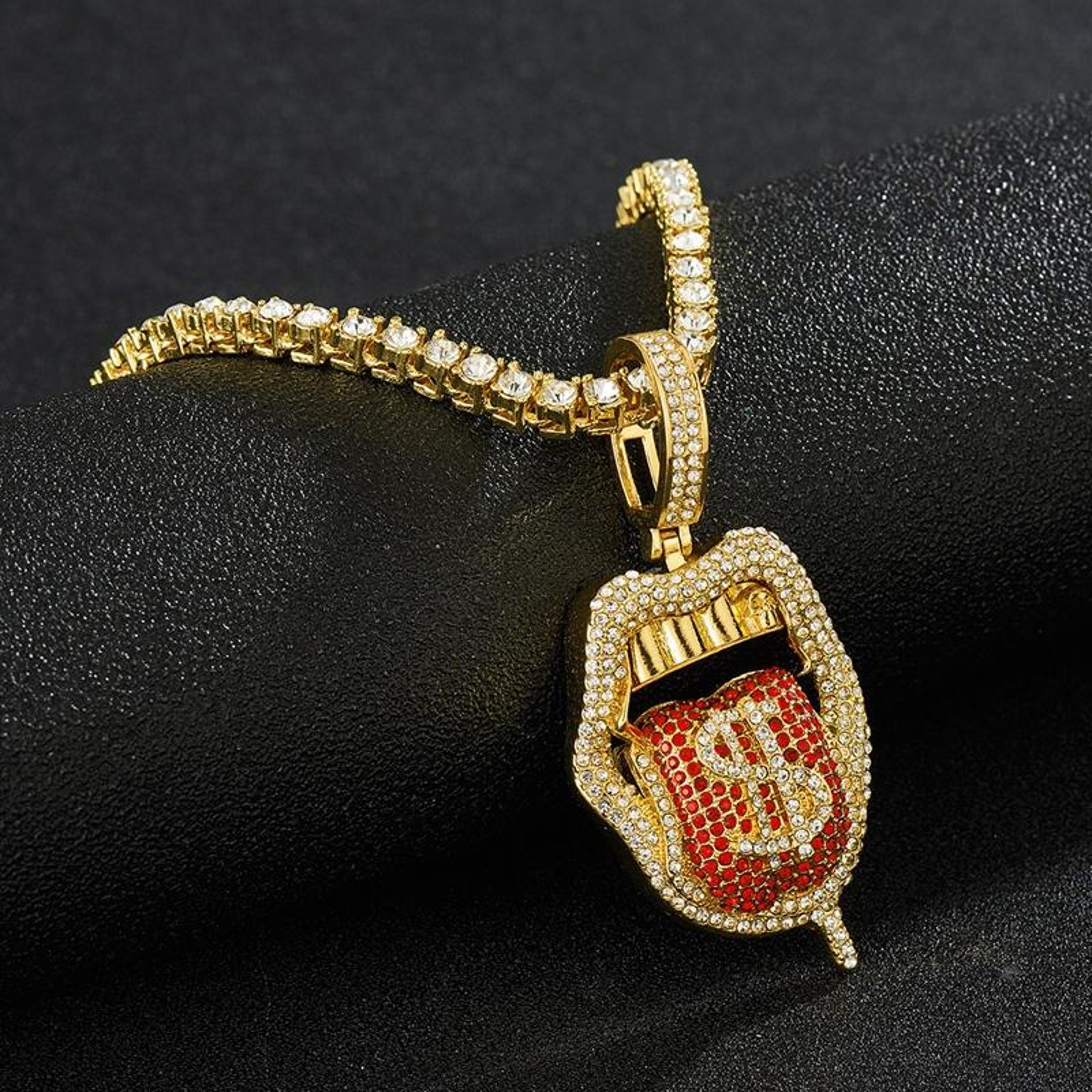 skull tongue pendant necklace rhinestone gothic chain for women and men