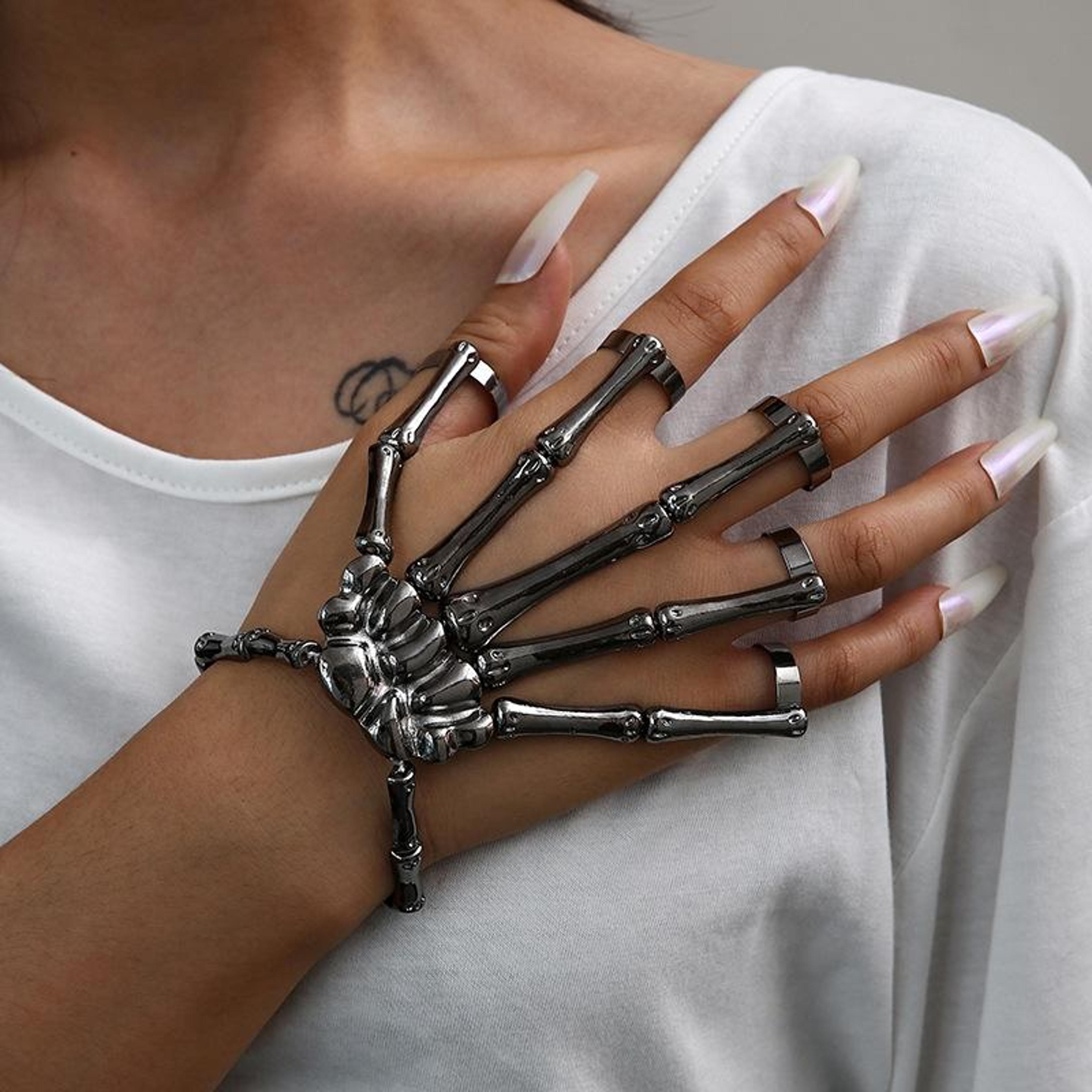 punk skull hand bone five finger ring adjustable skull ring gothic jewelry