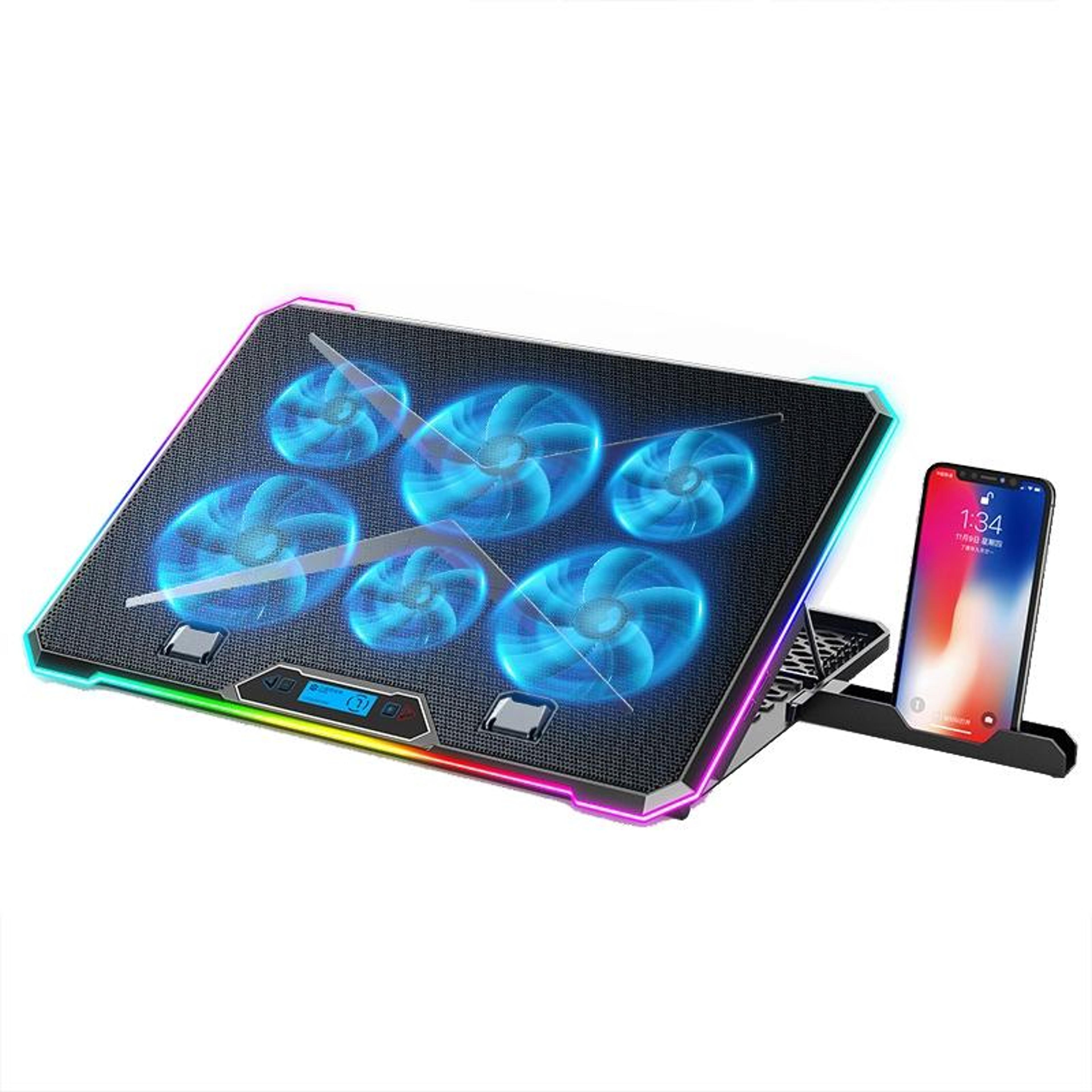 rgb laptop cooling pad with 6 fans adjustable laptop stand lcd display for up to 18 inch laptops