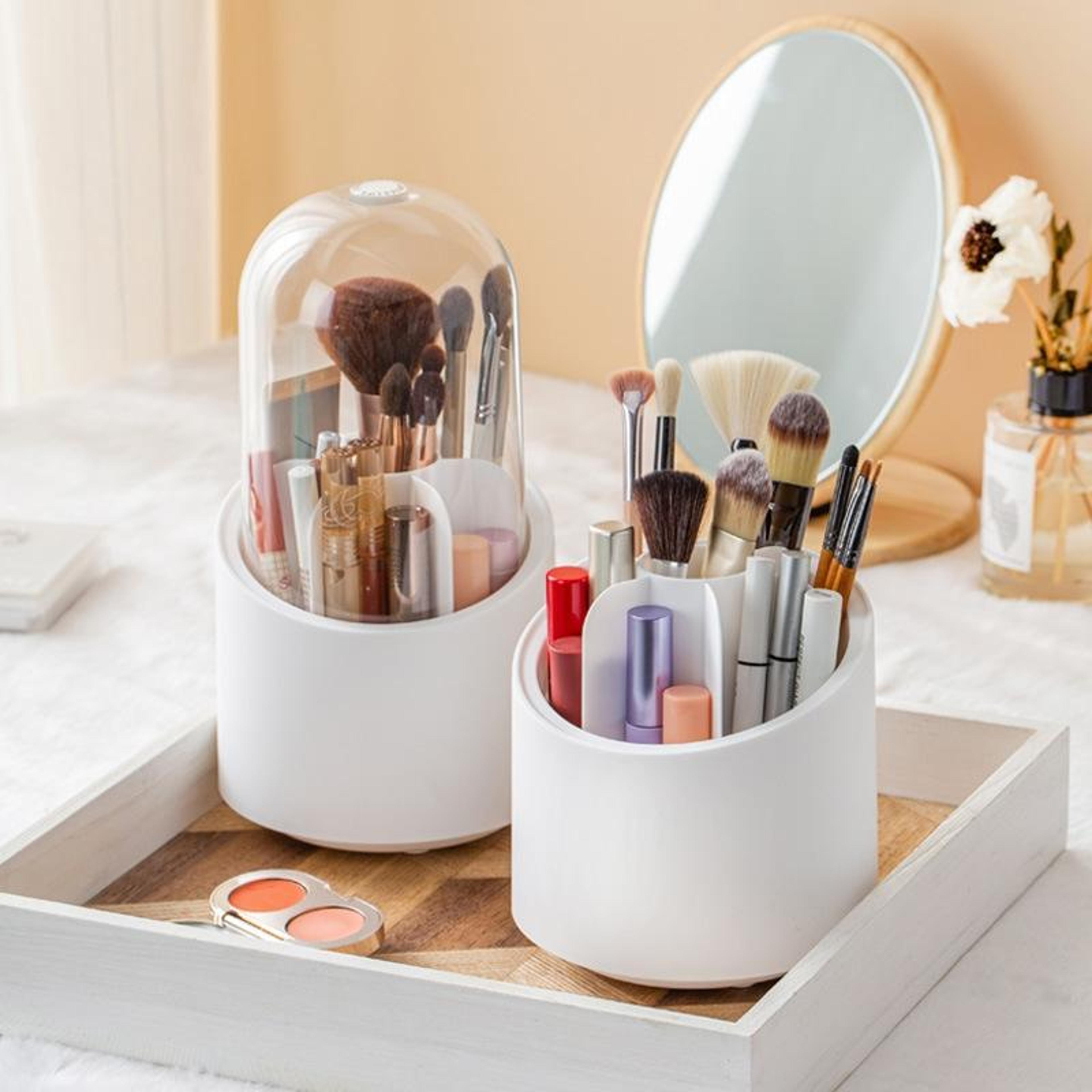 transparent makeup brush organizer with 360° rotation dustproof cosmetic storage box