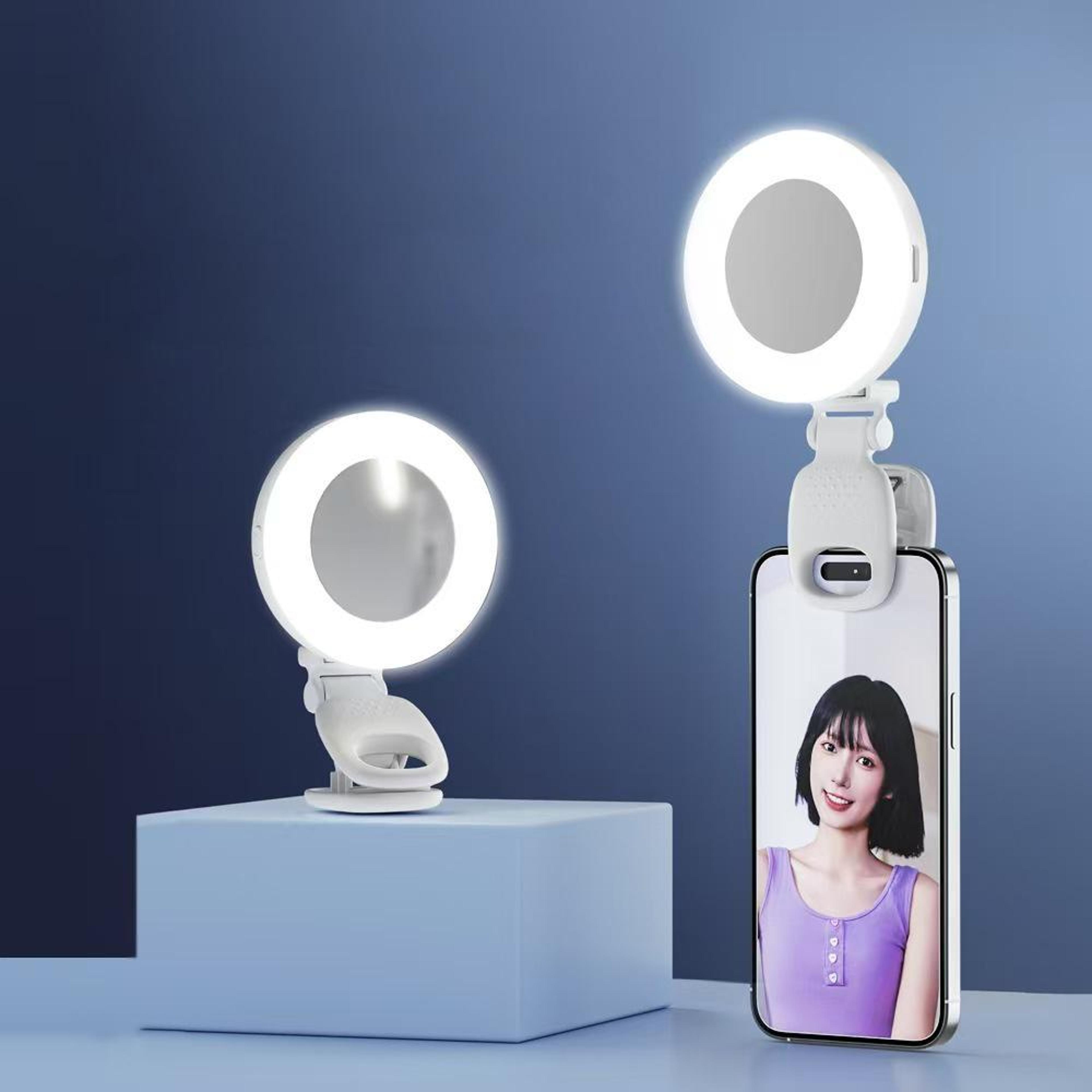 clip on selfie ring light with mirror rechargeable portable makeup light 3 color modes