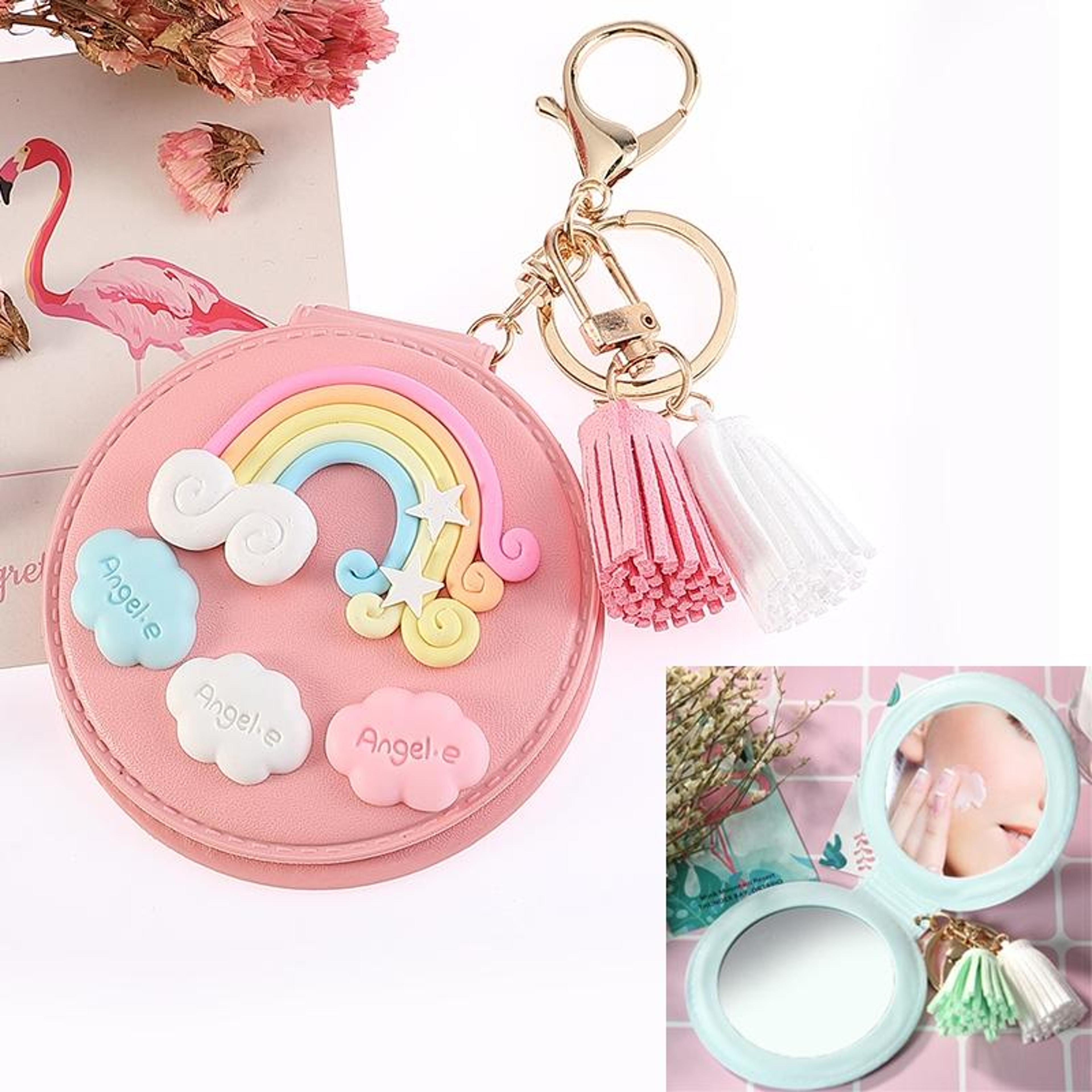 pu leather compact makeup mirror keychain double sided folding mirror with rainbow tassel