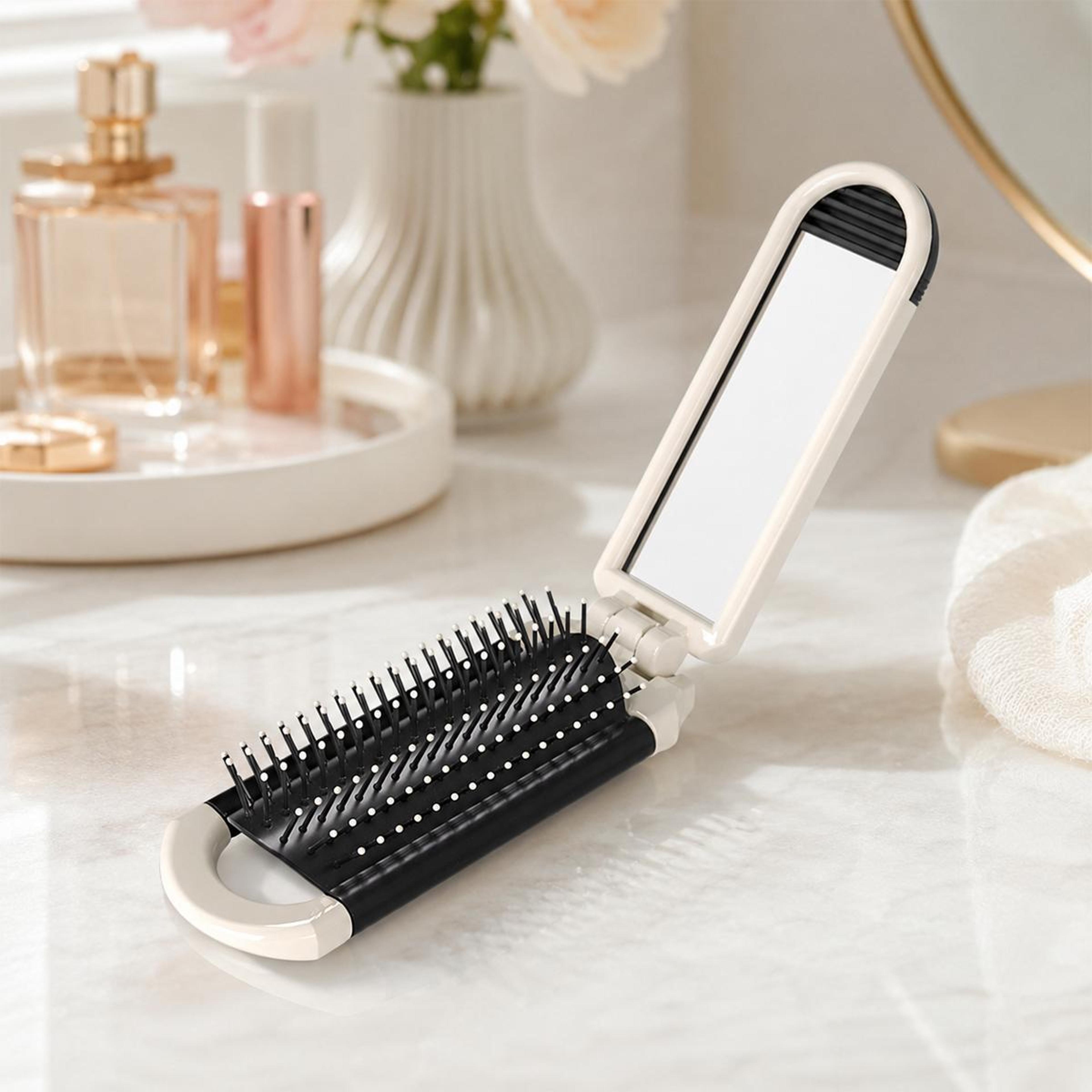 portable travel hair brush with mirror folding air cushion scalp massage brush for purse and travel