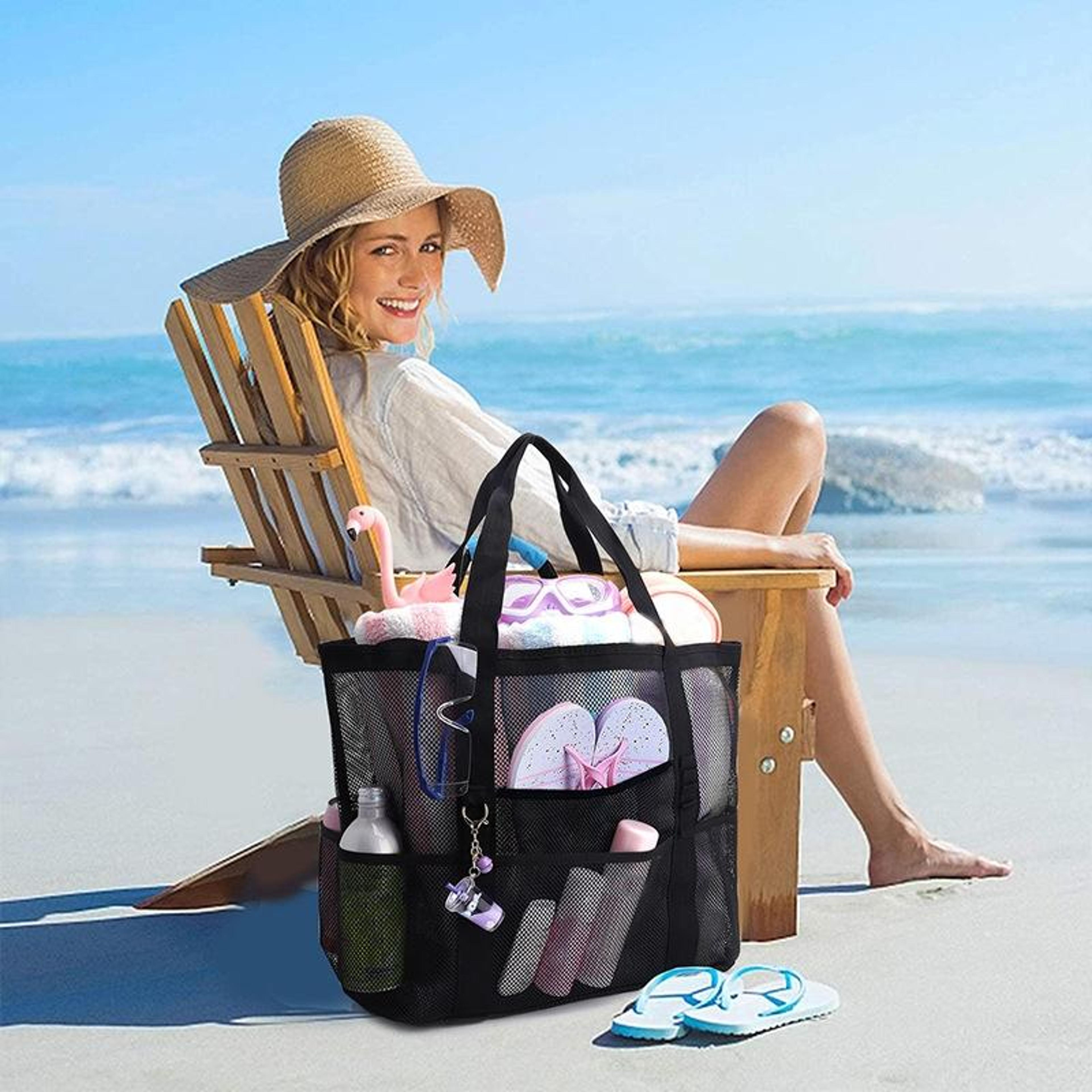 large capacity mesh beach bag with 8 pockets lightweight beach tote bag for swimming travel and daily storage